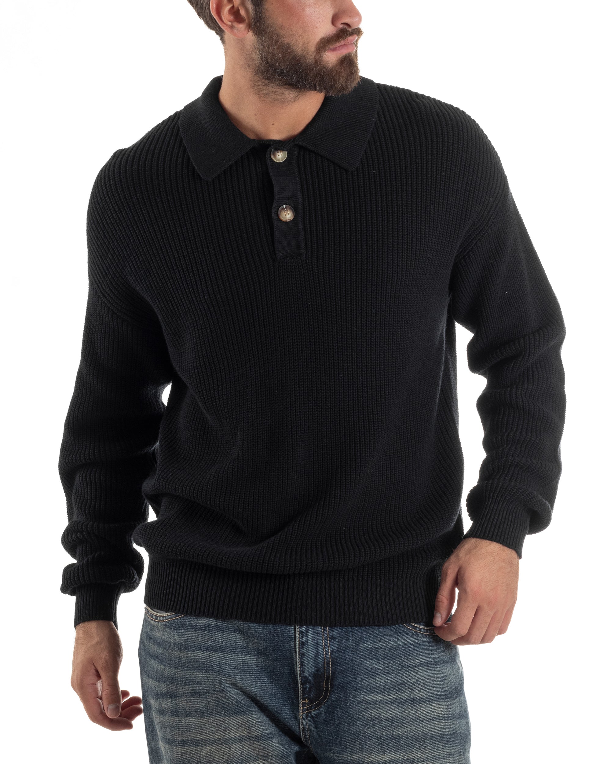 Maglia Uomo Polo Maglioncino Con Colletto Nero M3012A