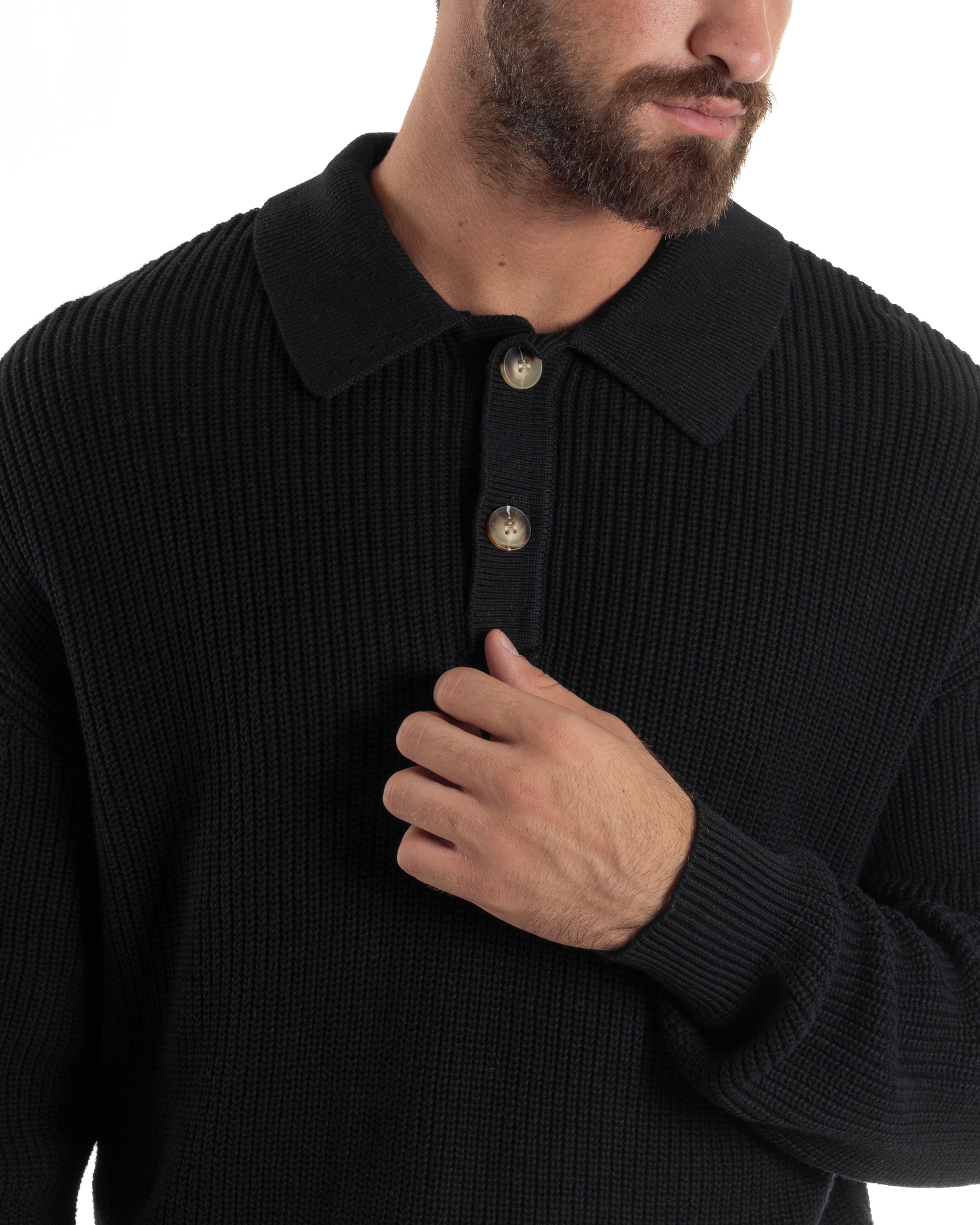 Maglia Uomo Polo Maglioncino Con Colletto Nero M3012A