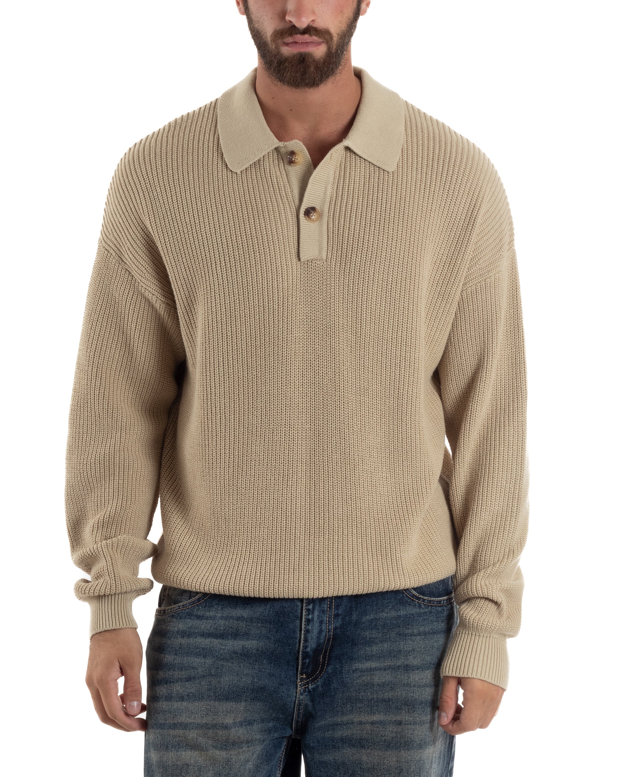Maglia Uomo Polo Maglioncino Con Colletto Beige M3013A