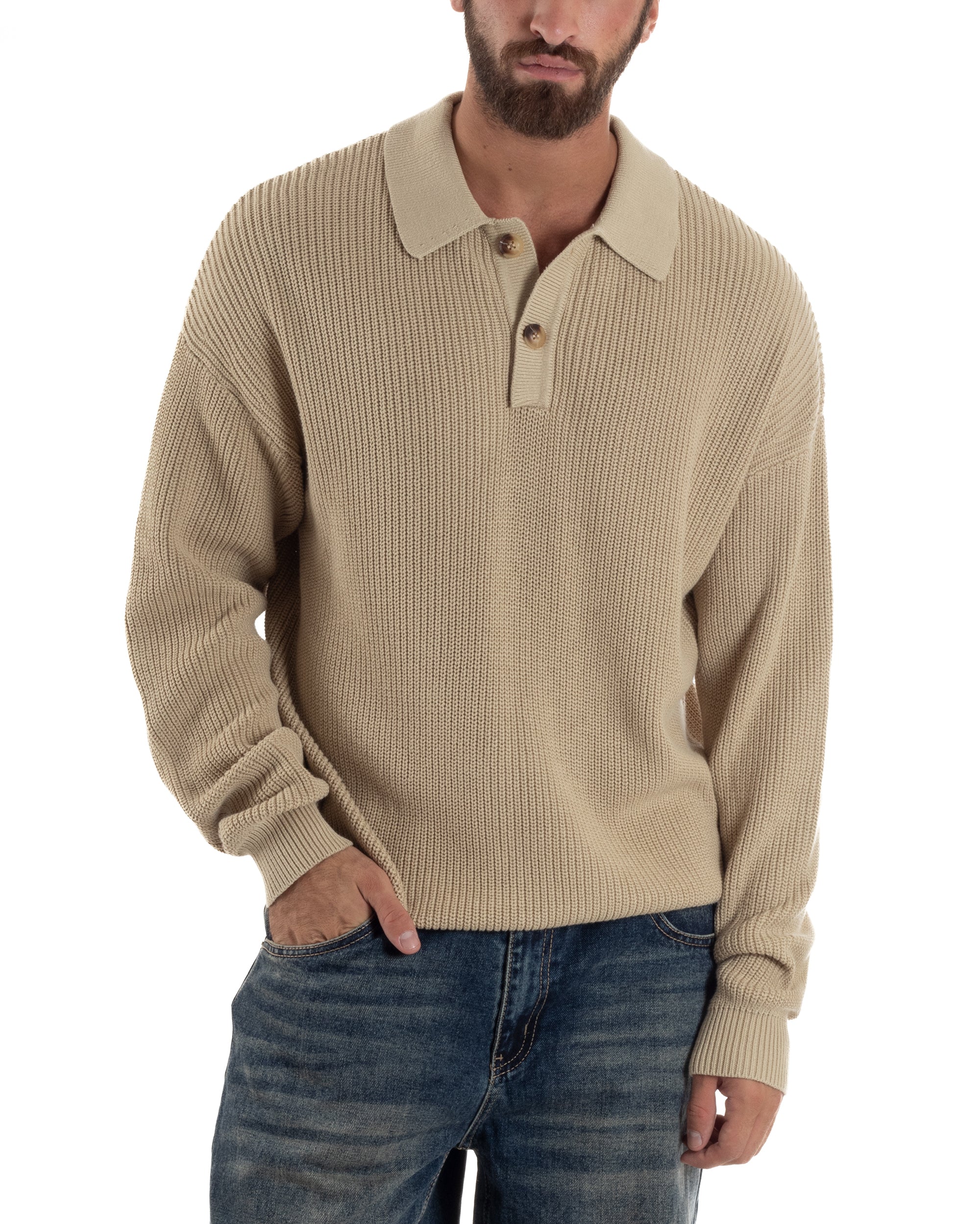 Maglia Uomo Polo Maglioncino Con Colletto Beige M3013A