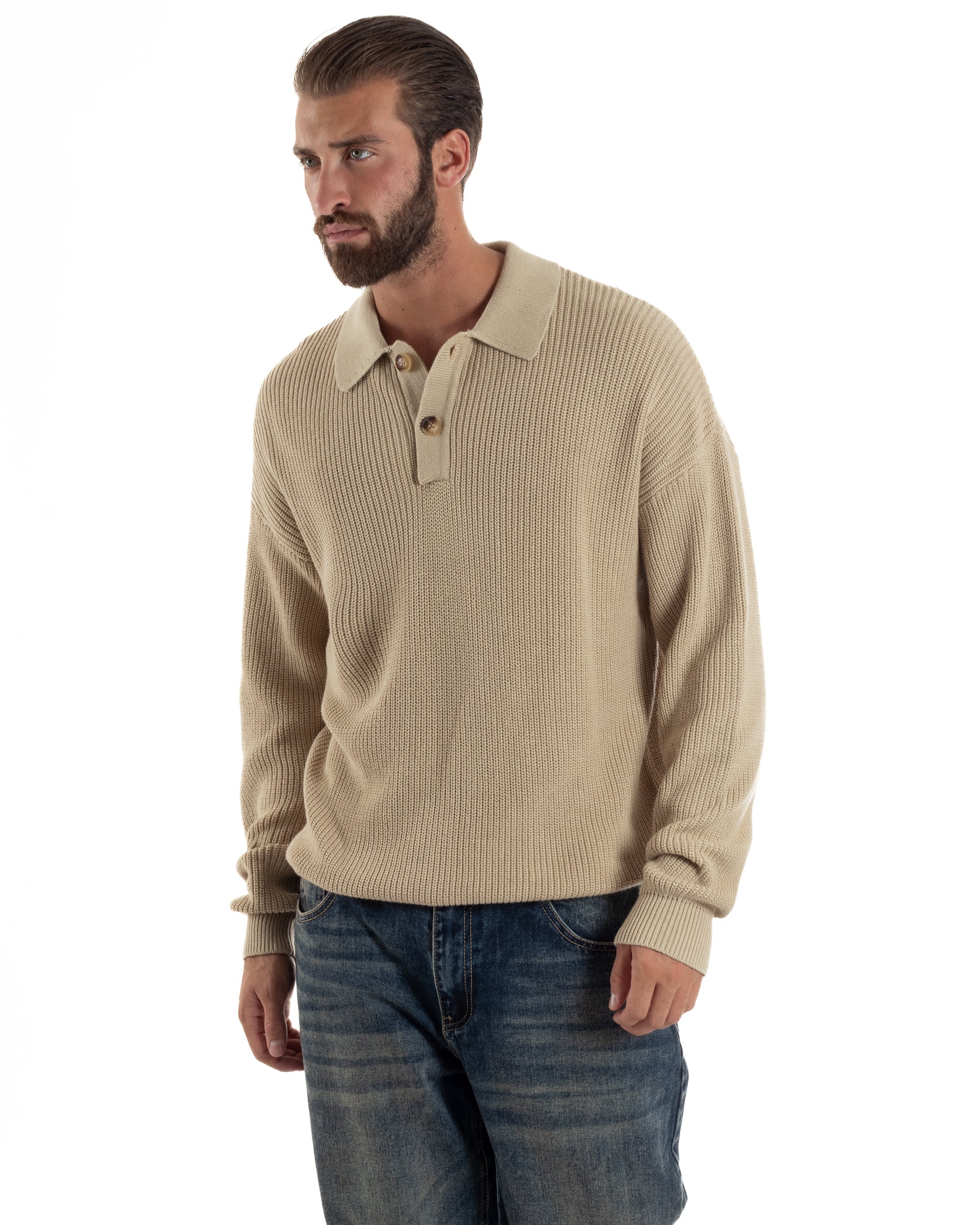 Maglia Uomo Polo Maglioncino Con Colletto Beige M3013A
