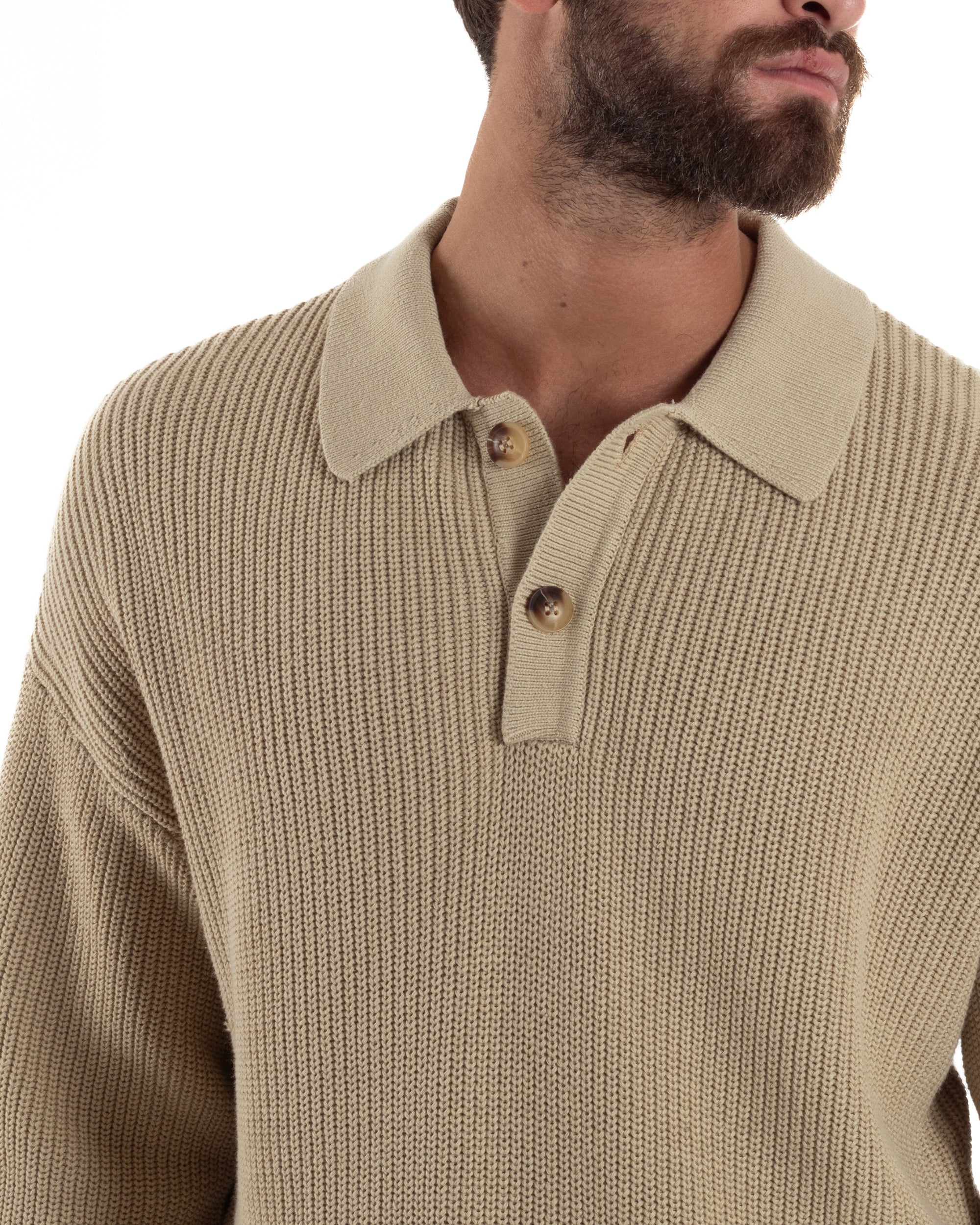 Maglia Uomo Polo Maglioncino Con Colletto Beige M3013A