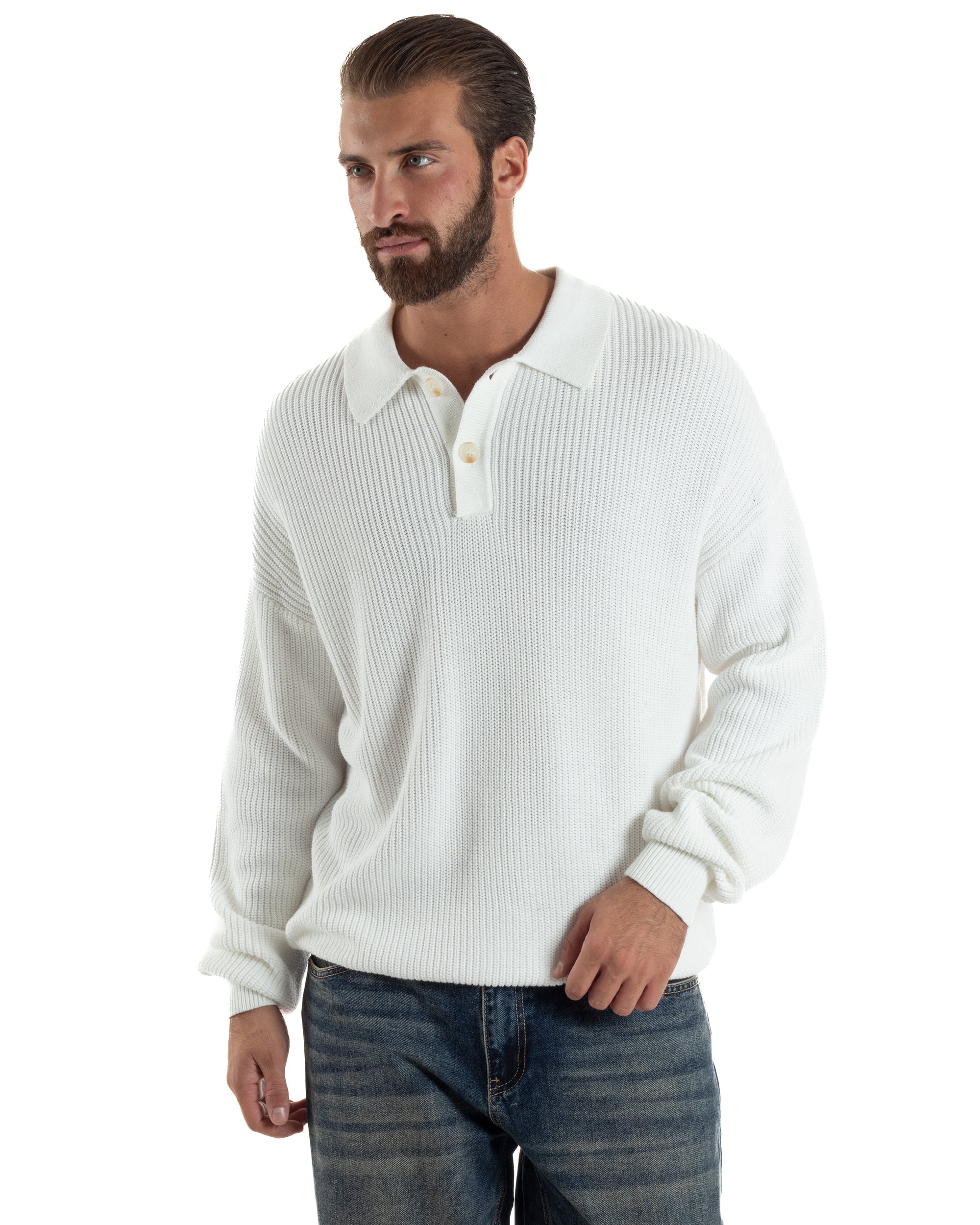 Maglia Uomo Polo Maglioncino Con Colletto Bianco M3014A