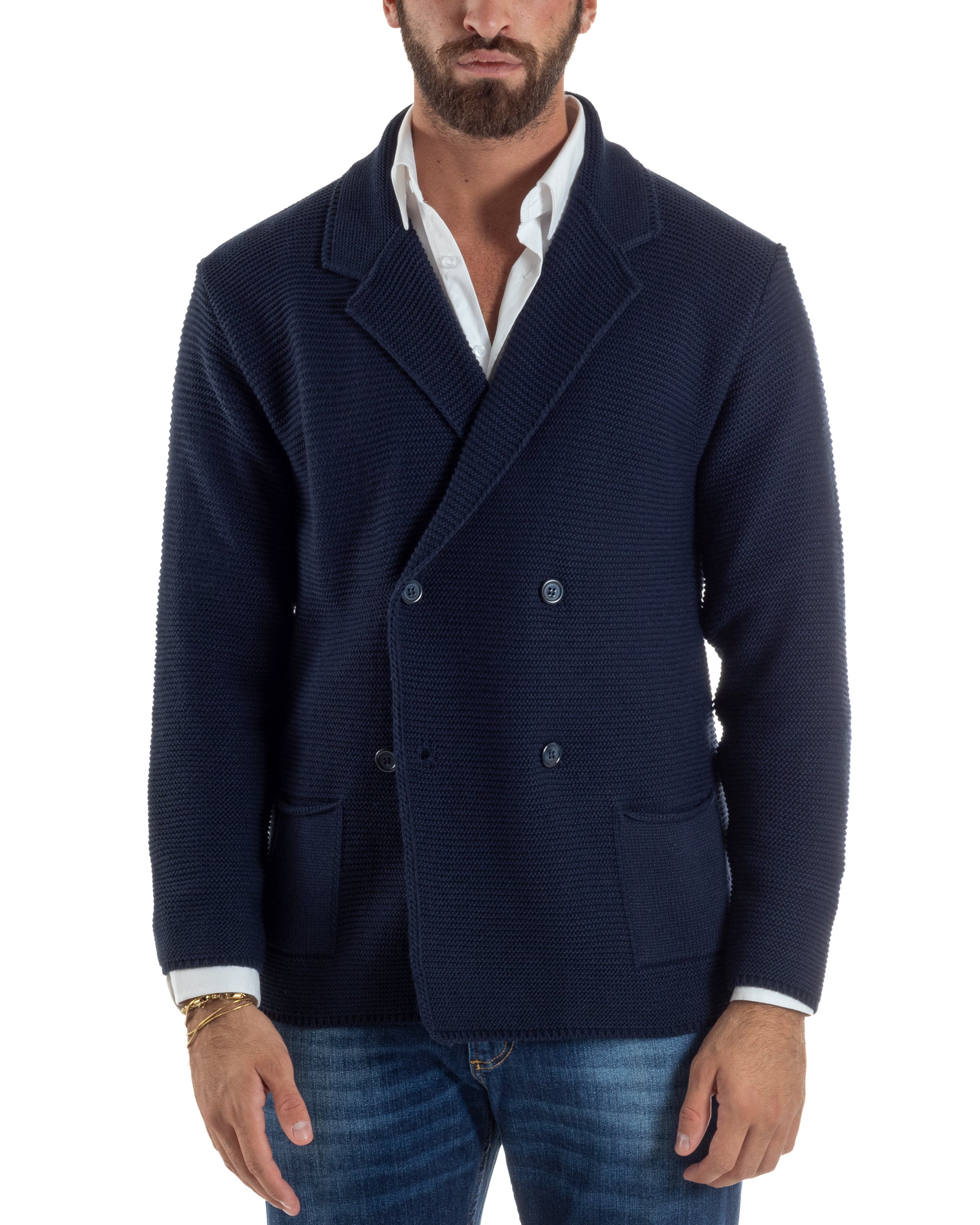 Cardigan Uomo Doppiopetto Maglia Links Tinta Unita Blu BlackSunday M3015A