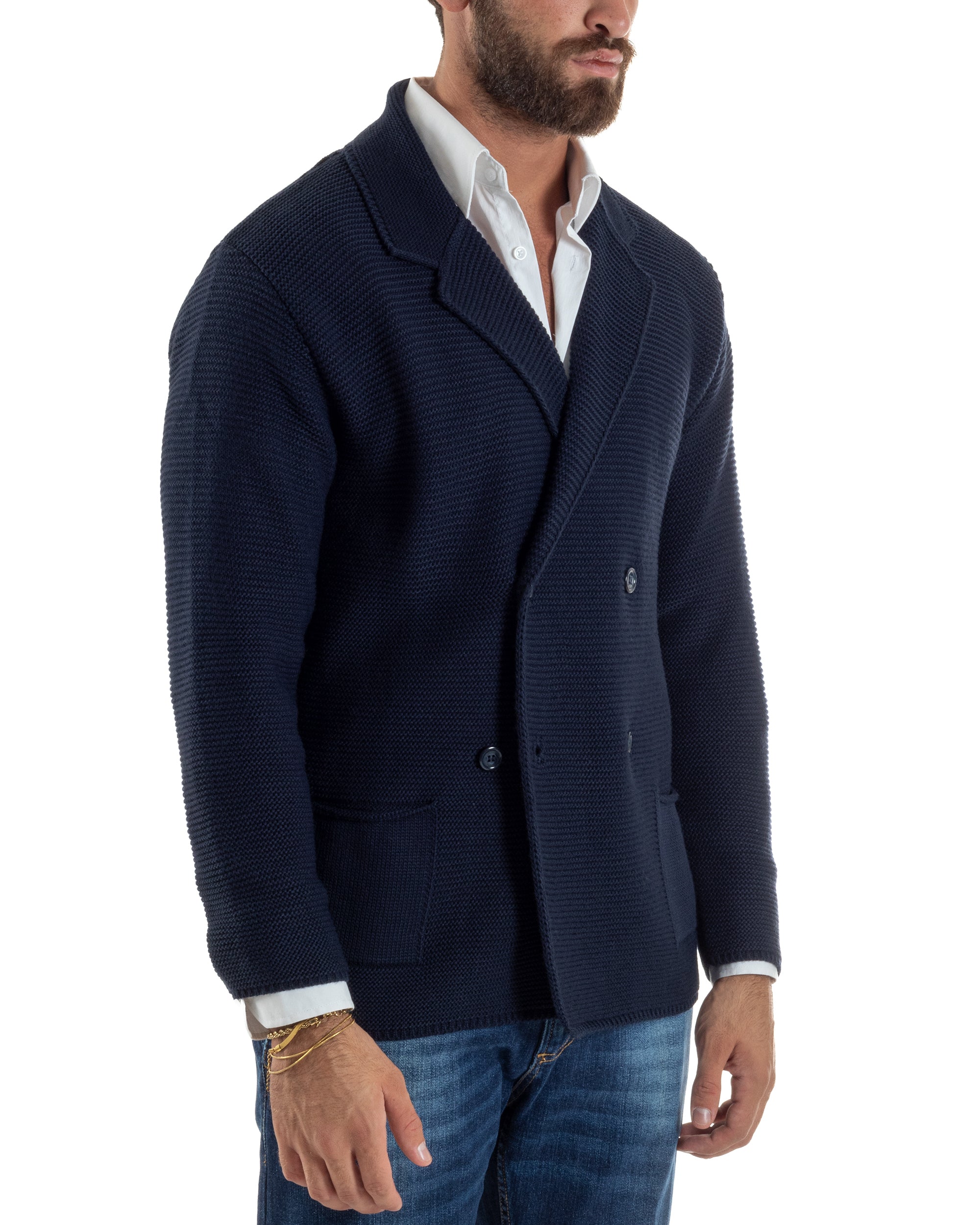 Cardigan Uomo Doppiopetto Maglia Links Tinta Unita Blu BlackSunday M3015A