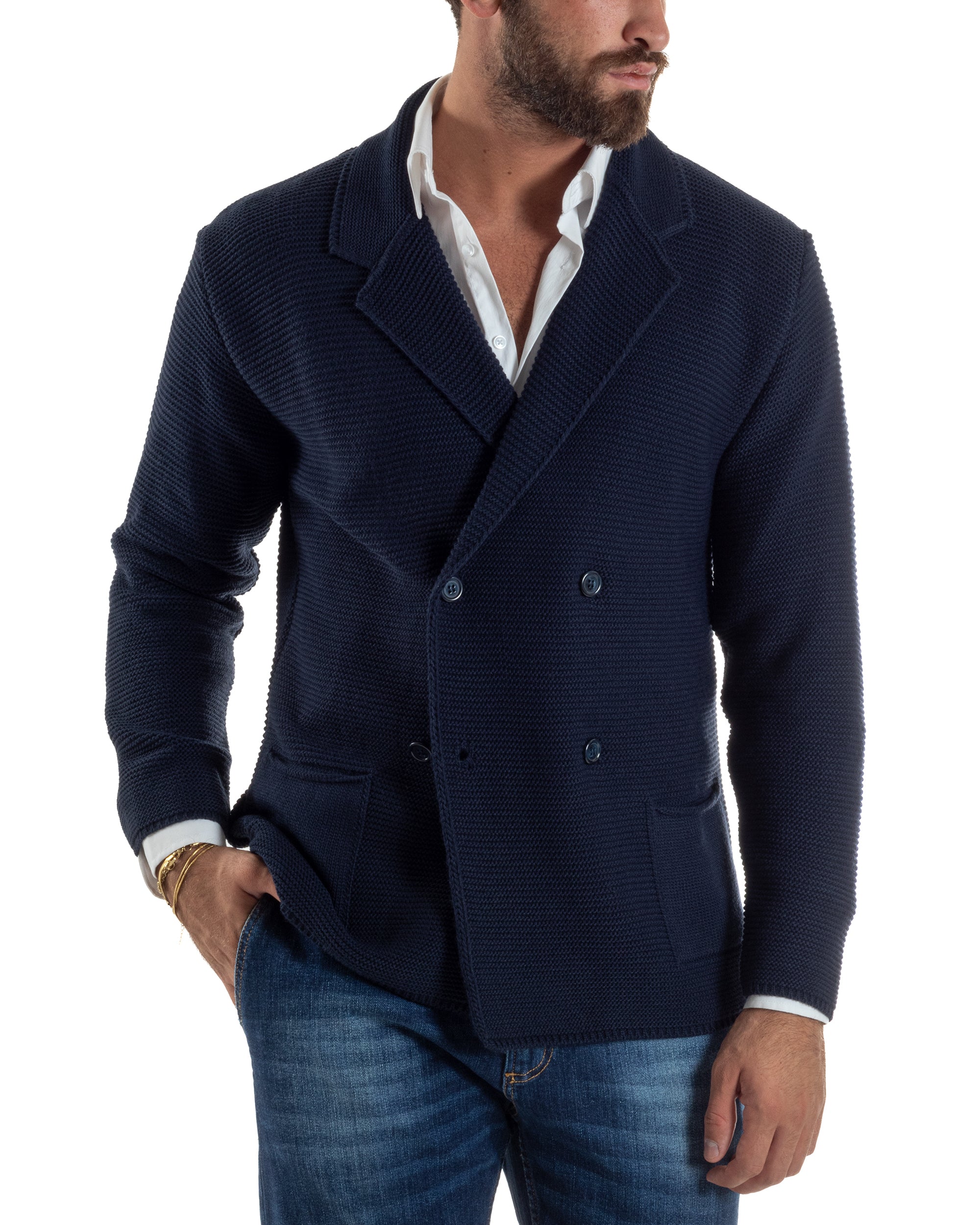 Cardigan Uomo Doppiopetto Maglia Links Tinta Unita Blu BlackSunday M3015A