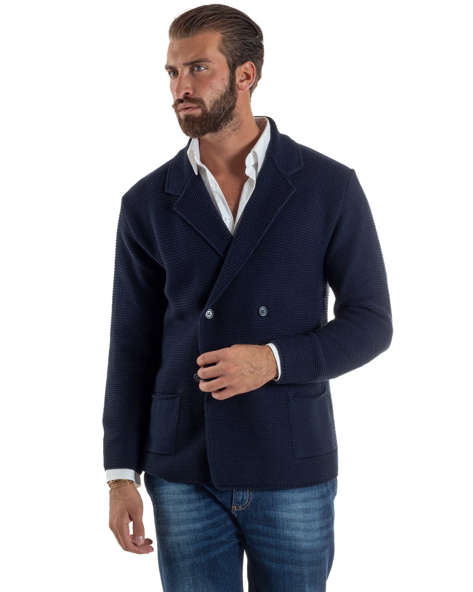 Cardigan Uomo Doppiopetto Maglia Links Tinta Unita Blu BlackSunday M3015A