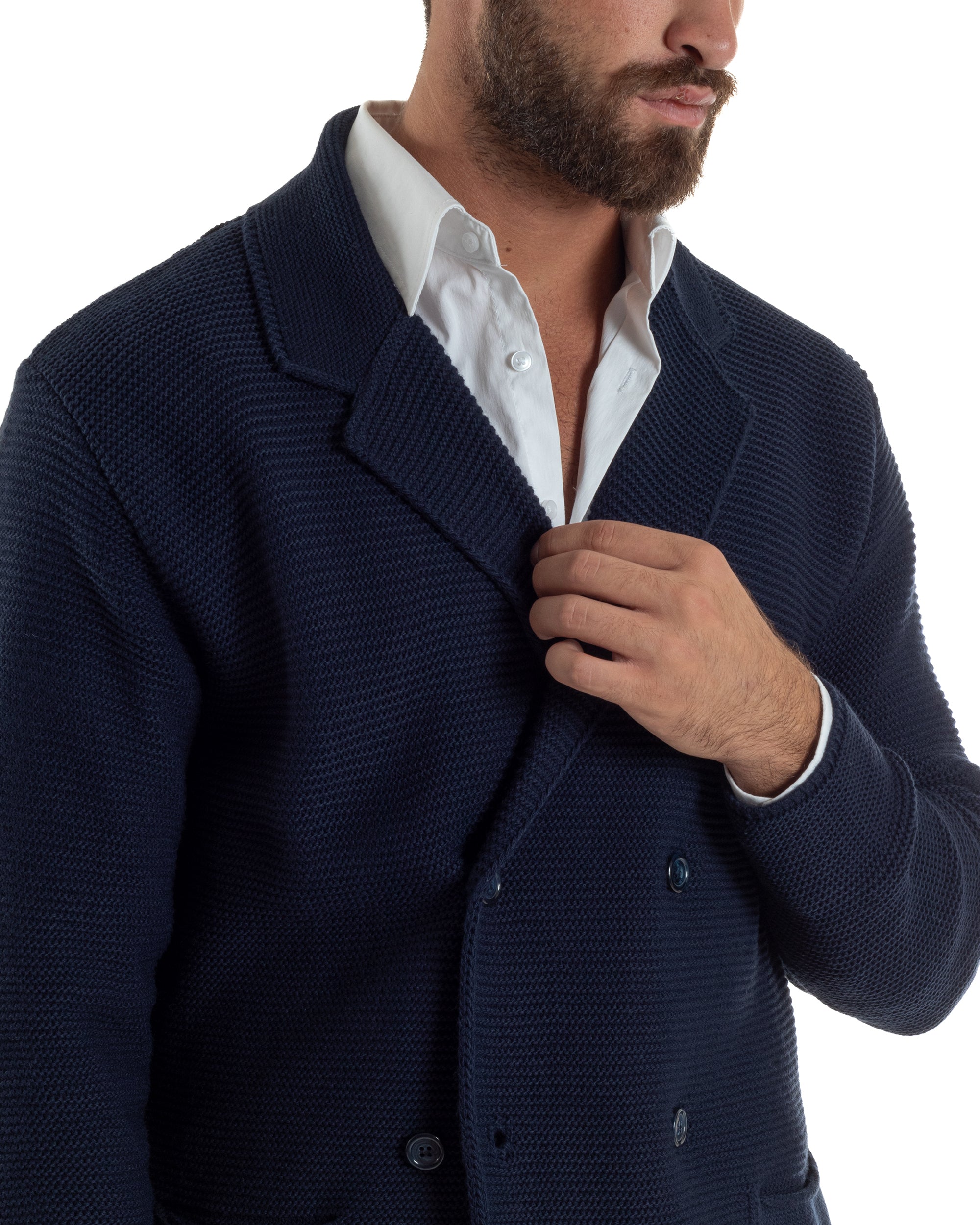 Cardigan Uomo Doppiopetto Maglia Links Tinta Unita Blu BlackSunday M3015A