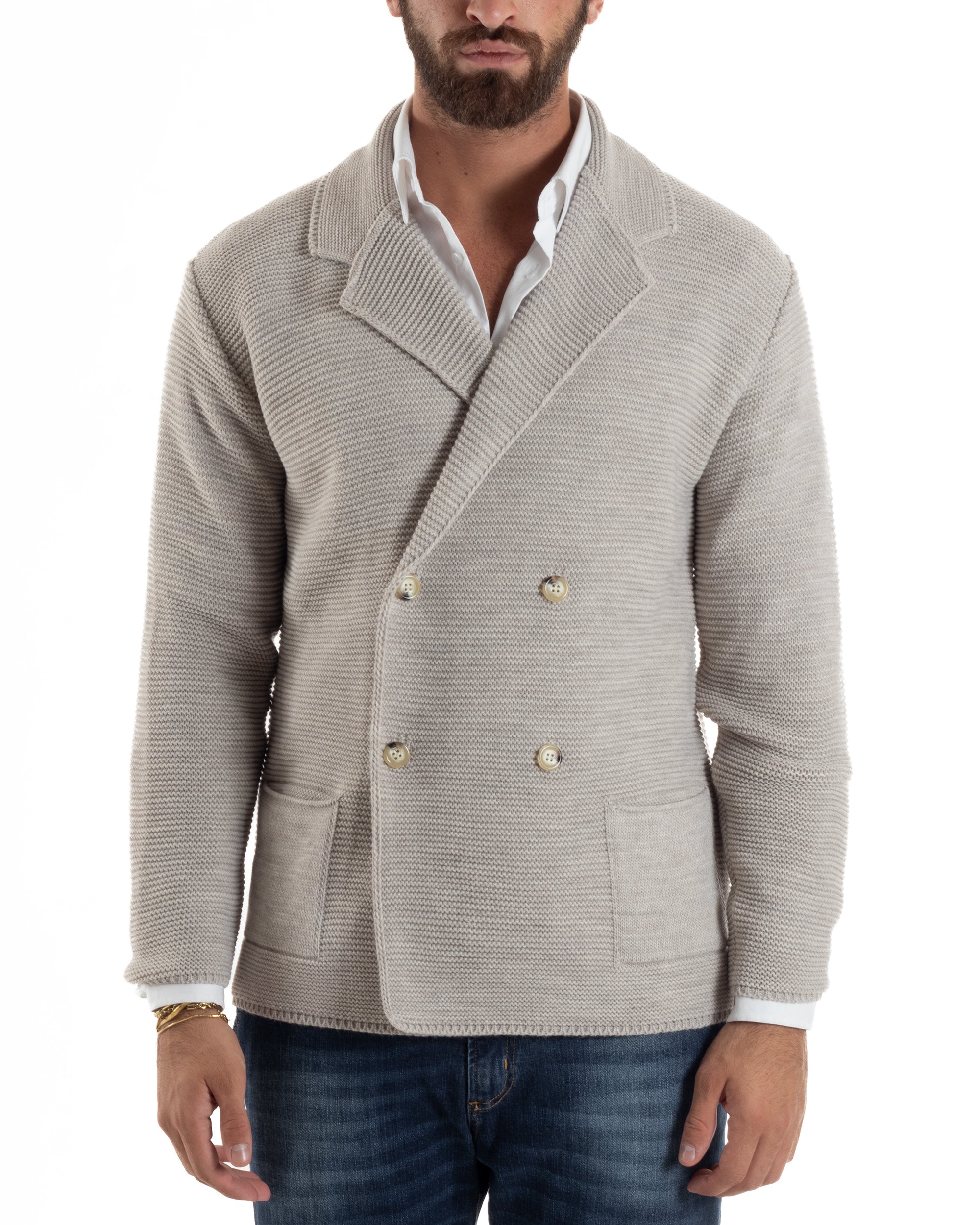 Cardigan Uomo Doppiopetto Maglia Links Tinta Unita Beige BlackSunday M3016A