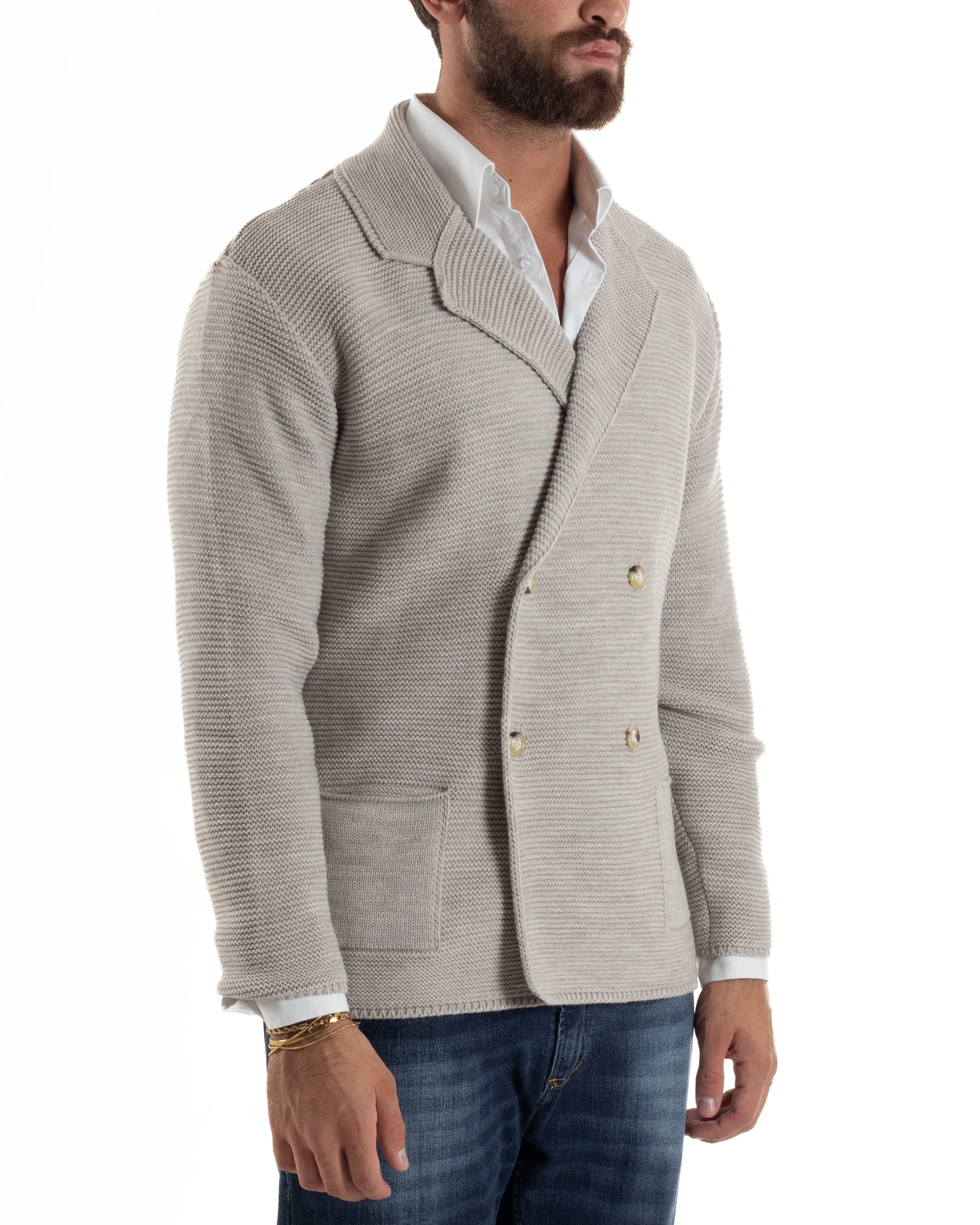 Cardigan Uomo Doppiopetto Maglia Links Tinta Unita Beige BlackSunday M3016A
