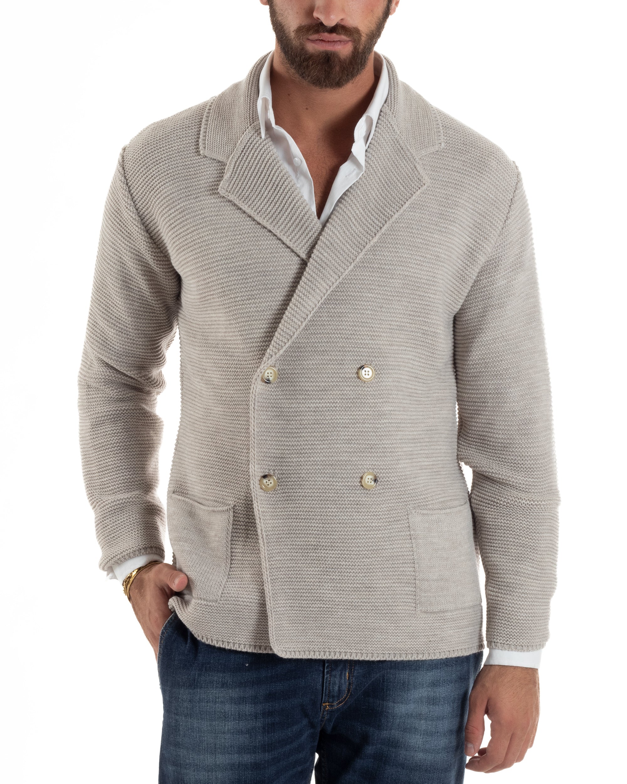 Cardigan Uomo Doppiopetto Maglia Links Tinta Unita Beige BlackSunday M3016A