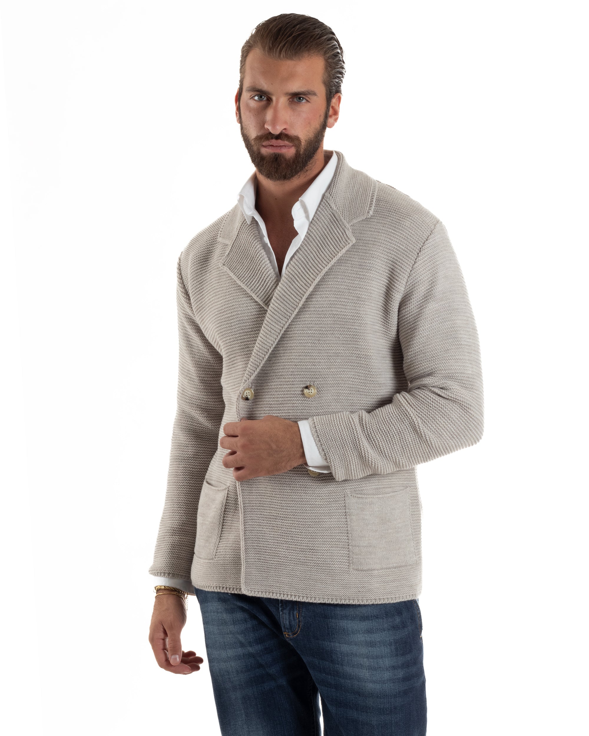 Cardigan Uomo Doppiopetto Maglia Links Tinta Unita Beige BlackSunday M3016A