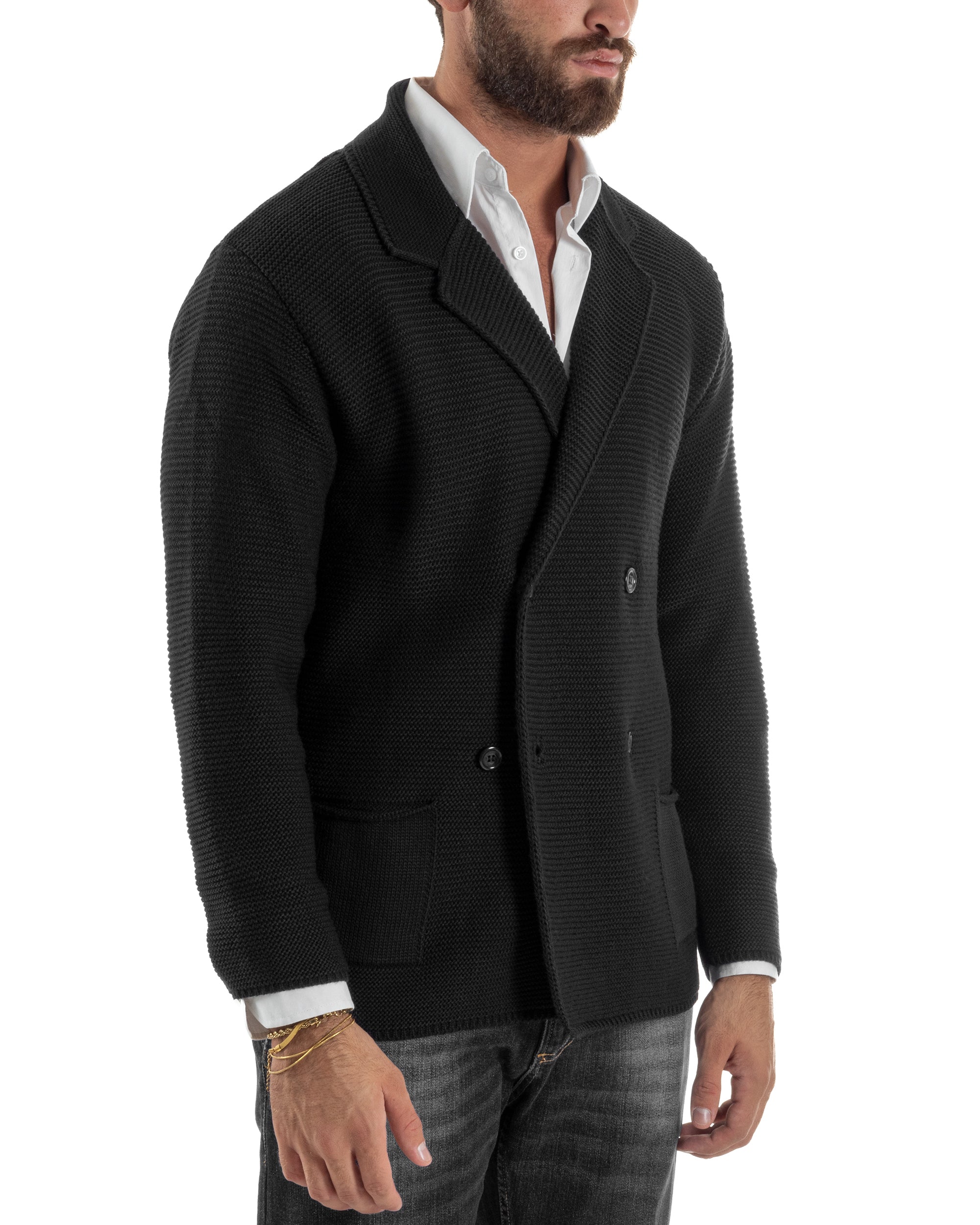 Cardigan Uomo Doppiopetto Maglia Links Tinta Unita Nero BlackSunday M3017A