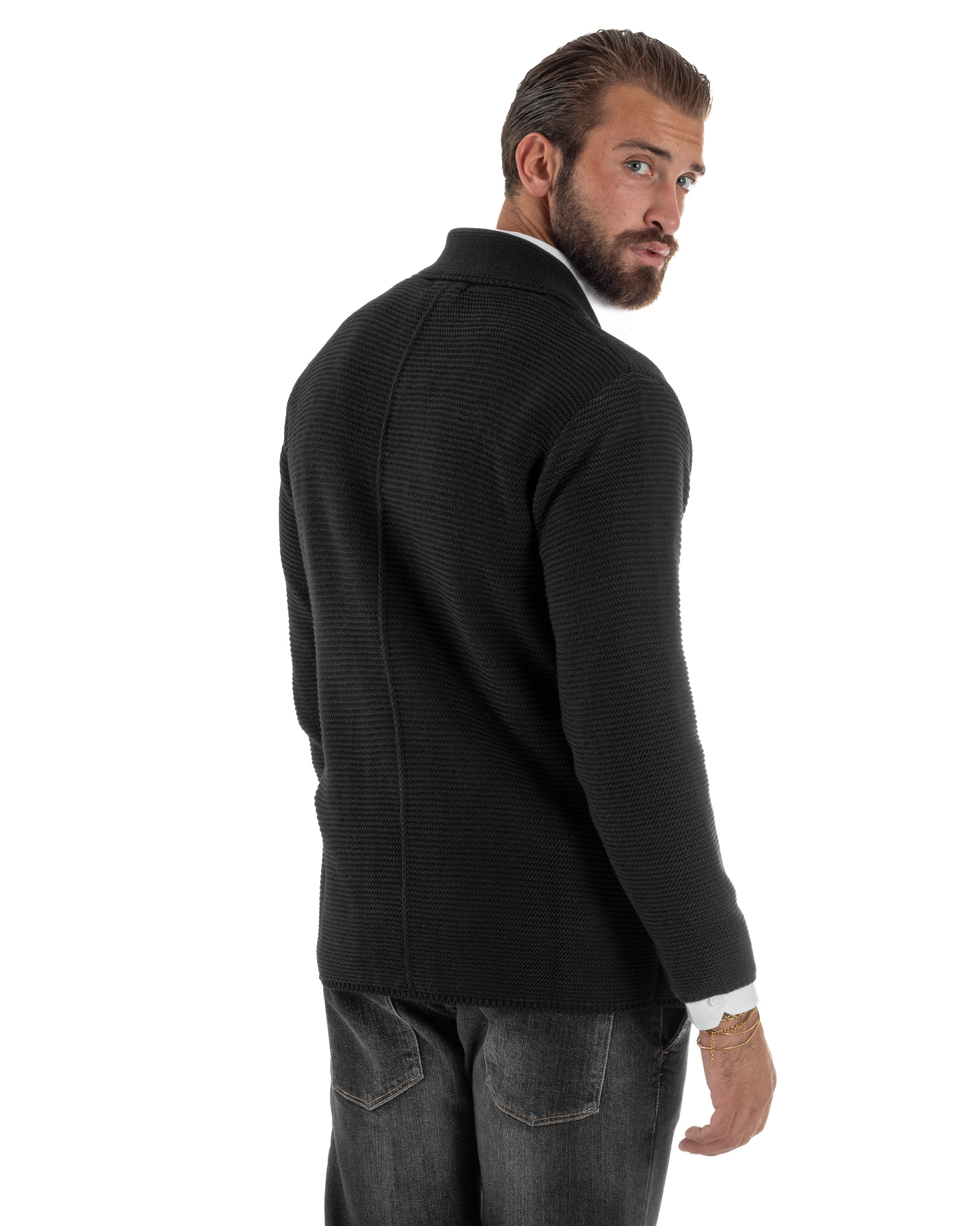 Cardigan Uomo Doppiopetto Maglia Links Tinta Unita Nero BlackSunday M3017A