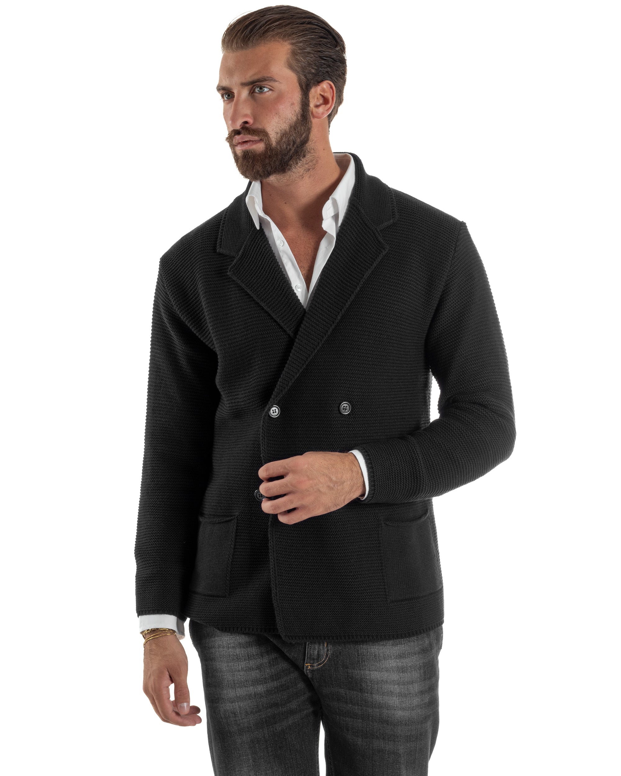 Cardigan Uomo Doppiopetto Maglia Links Tinta Unita Nero BlackSunday M3017A