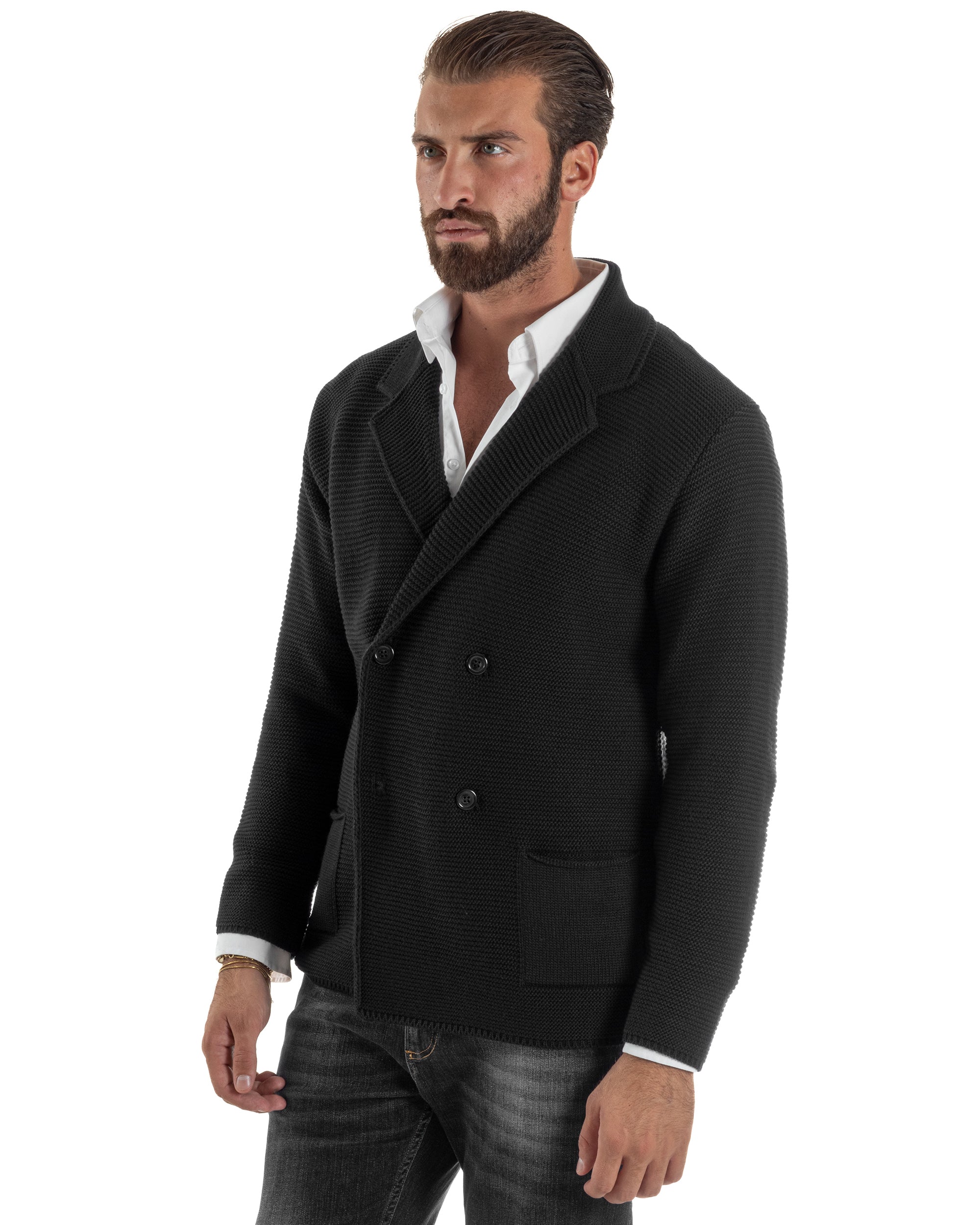 Cardigan Uomo Doppiopetto Maglia Links Tinta Unita Nero BlackSunday M3017A