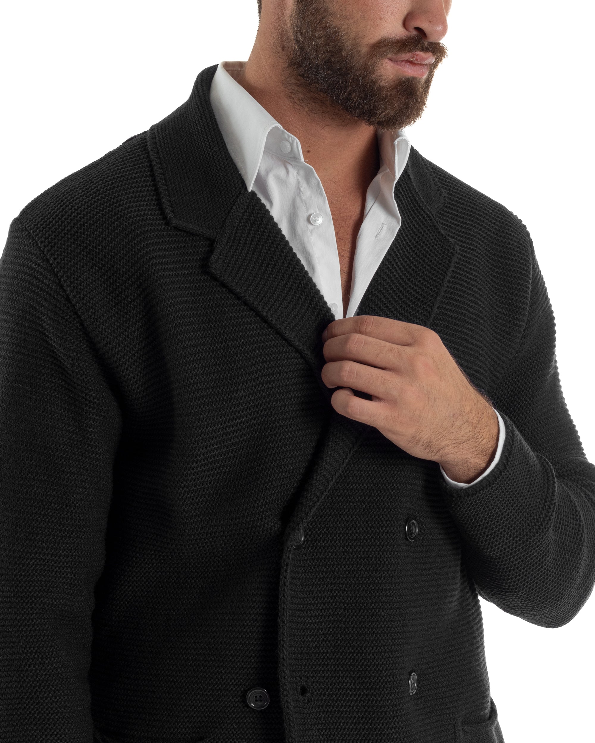 Cardigan Uomo Doppiopetto Maglia Links Tinta Unita Nero BlackSunday M3017A