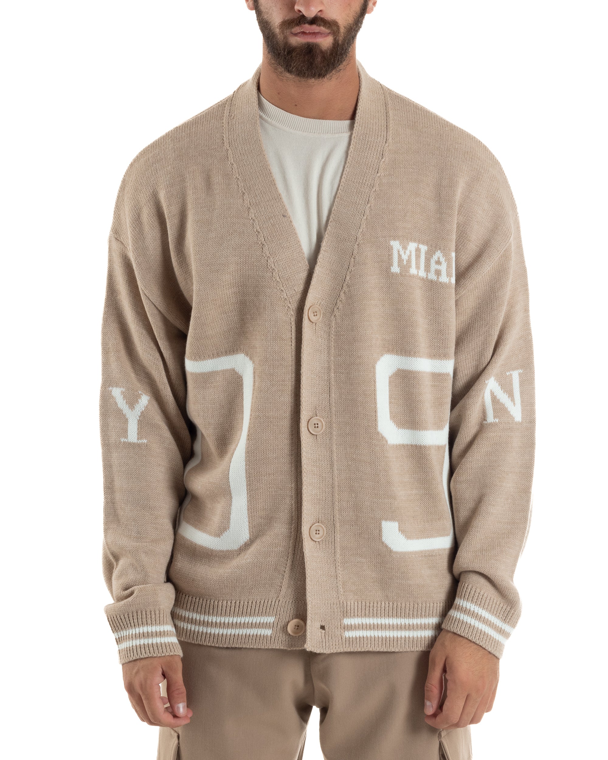 Cardigan Uomo Lana Maglia Scollo a V Relaxed Fit Beige M3020A