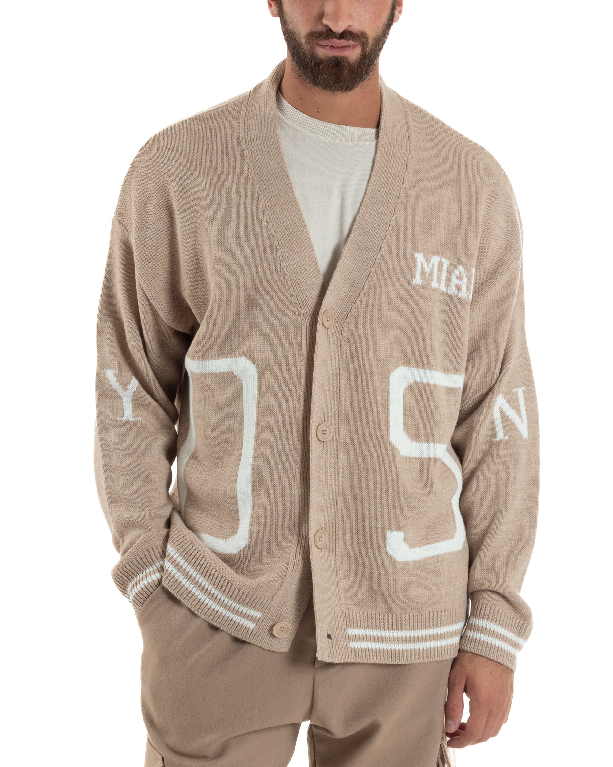 Cardigan Uomo Lana Maglia Scollo a V Relaxed Fit Beige M3020A