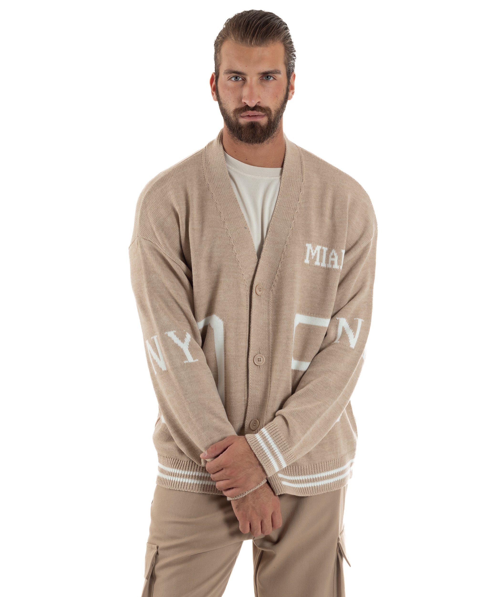 Cardigan Uomo Lana Maglia Scollo a V Relaxed Fit Beige M3020A