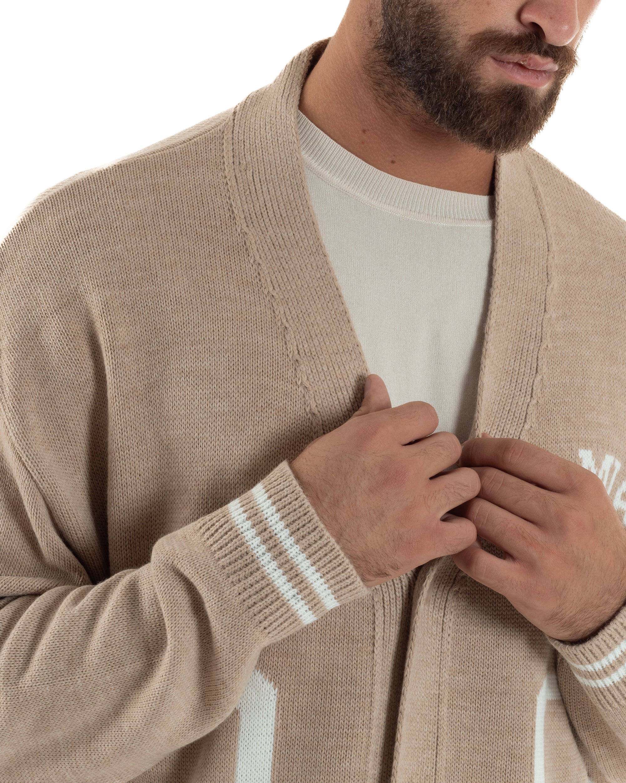 Cardigan Uomo Lana Maglia Scollo a V Relaxed Fit Beige M3020A