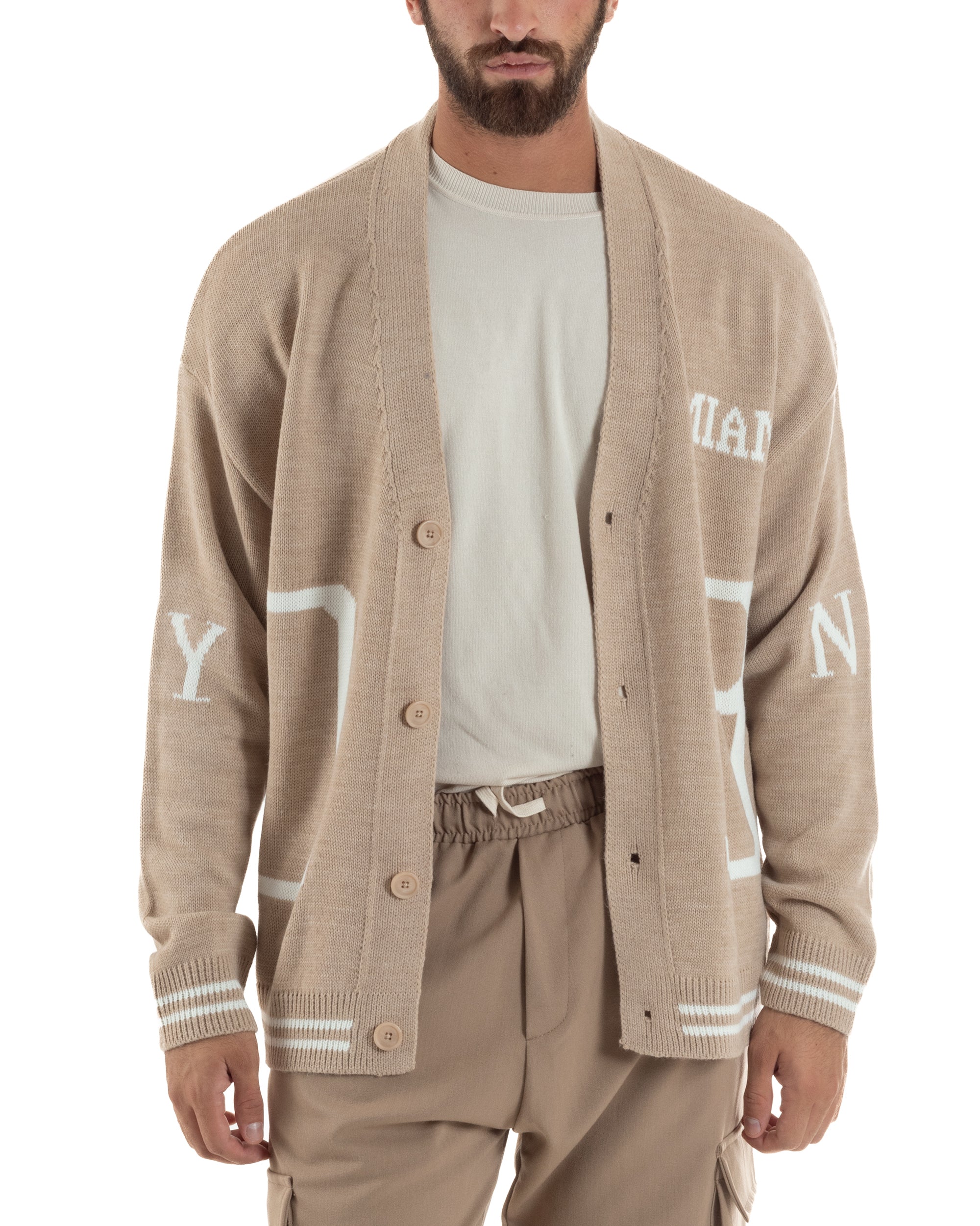 Cardigan Uomo Lana Maglia Scollo a V Relaxed Fit Beige M3020A