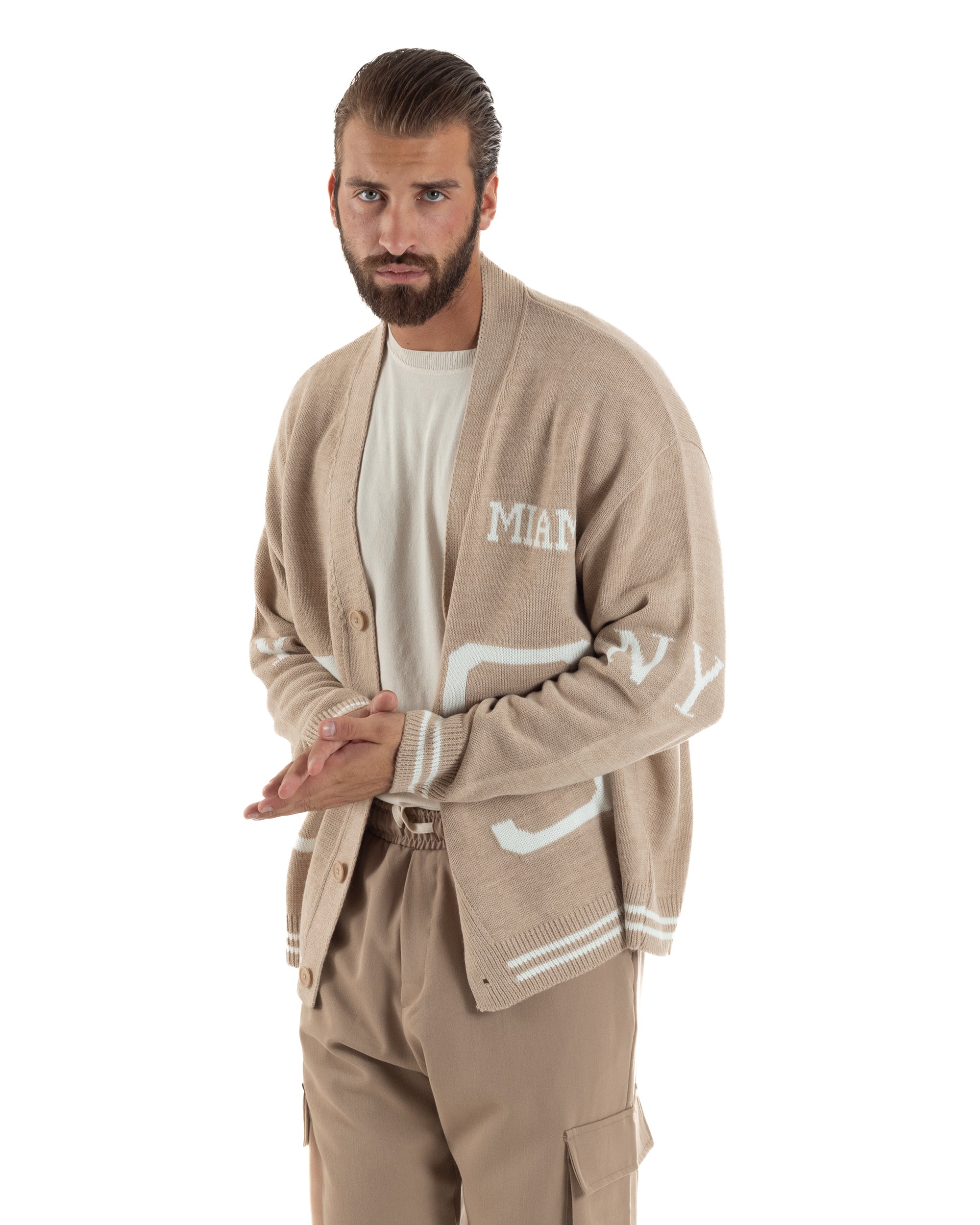 Cardigan Uomo Lana Maglia Scollo a V Relaxed Fit Beige M3020A