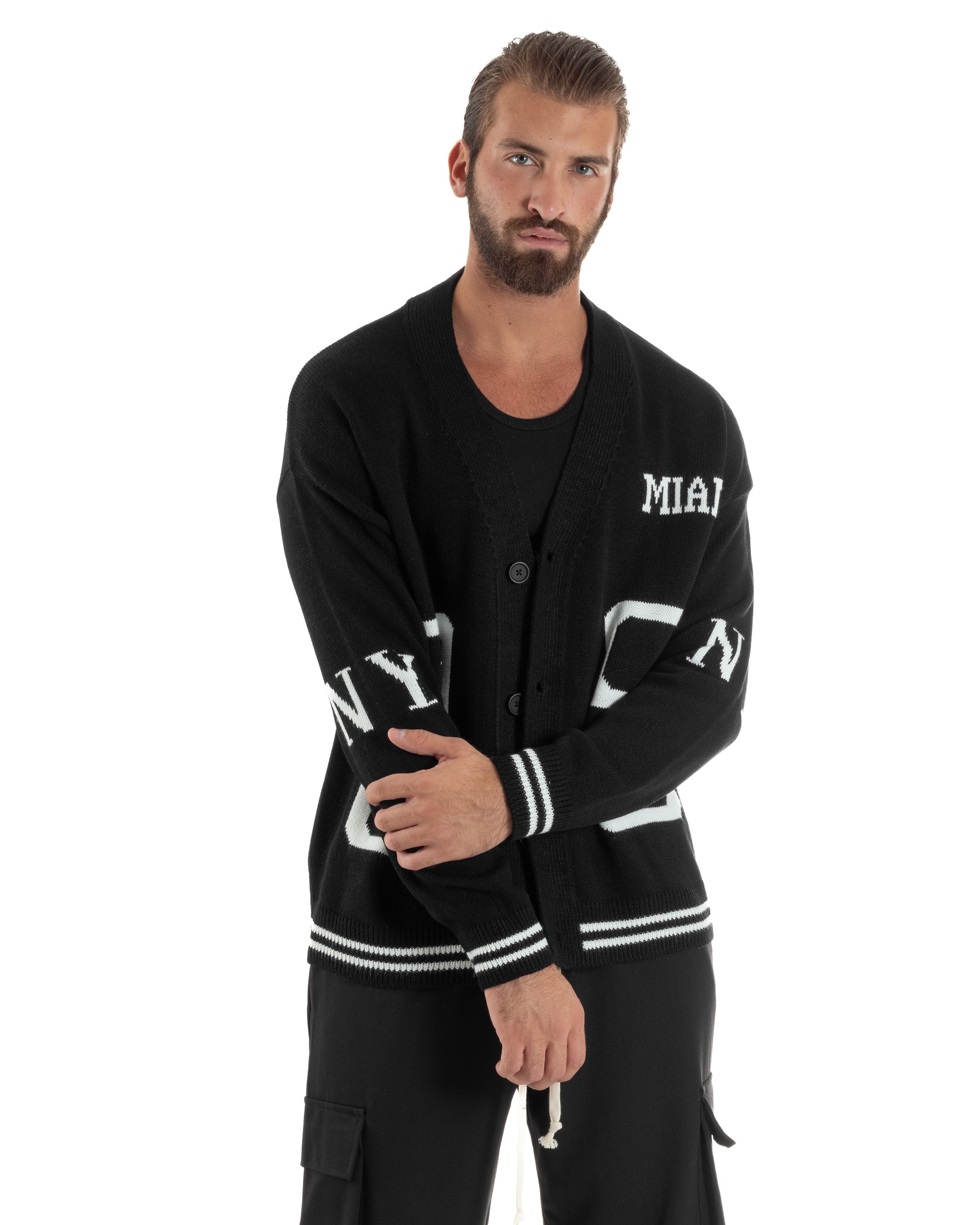 Cardigan Uomo Lana Maglia Scollo a V Relaxed Fit Nero M3021A