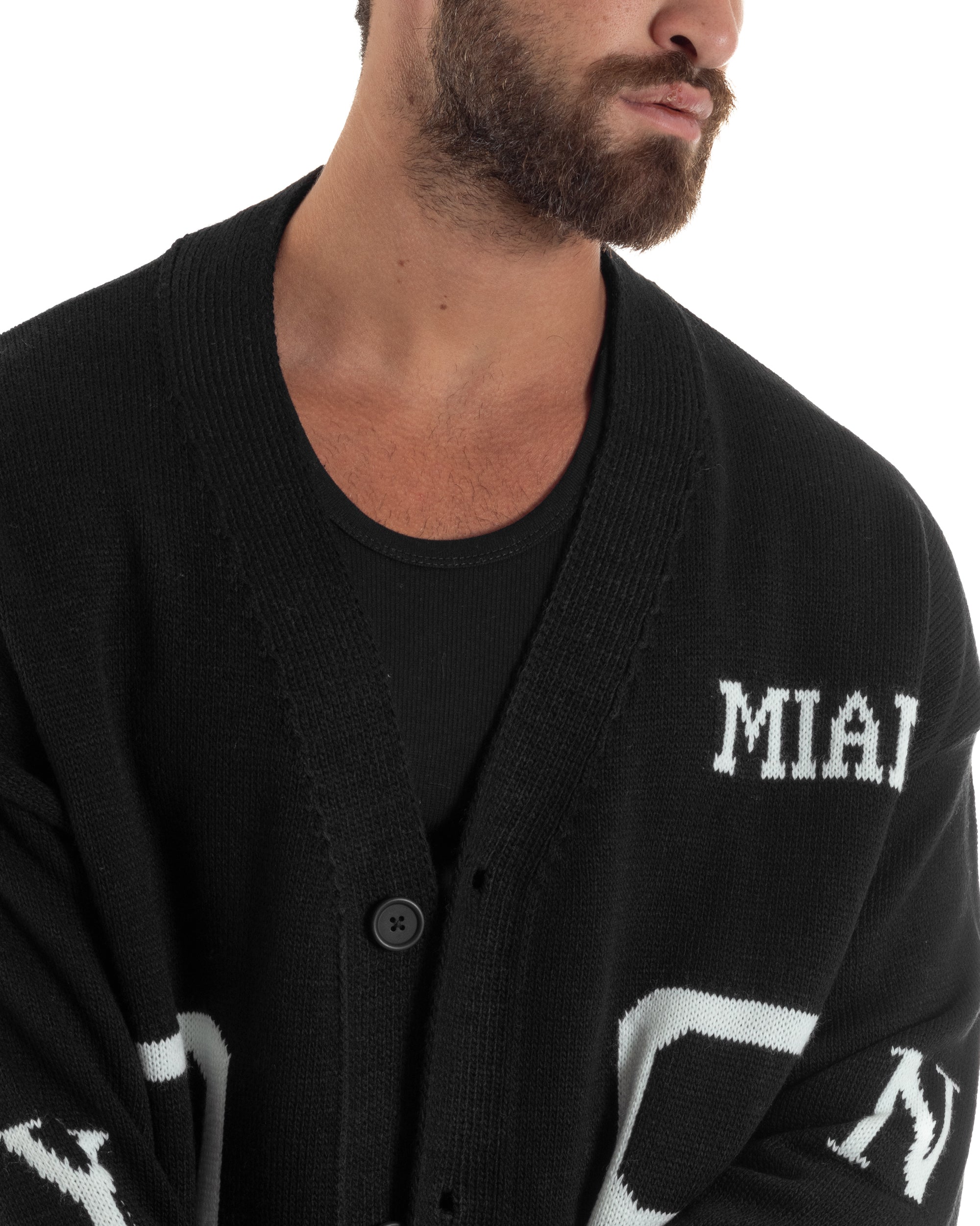 Cardigan Uomo Lana Maglia Scollo a V Relaxed Fit Nero M3021A