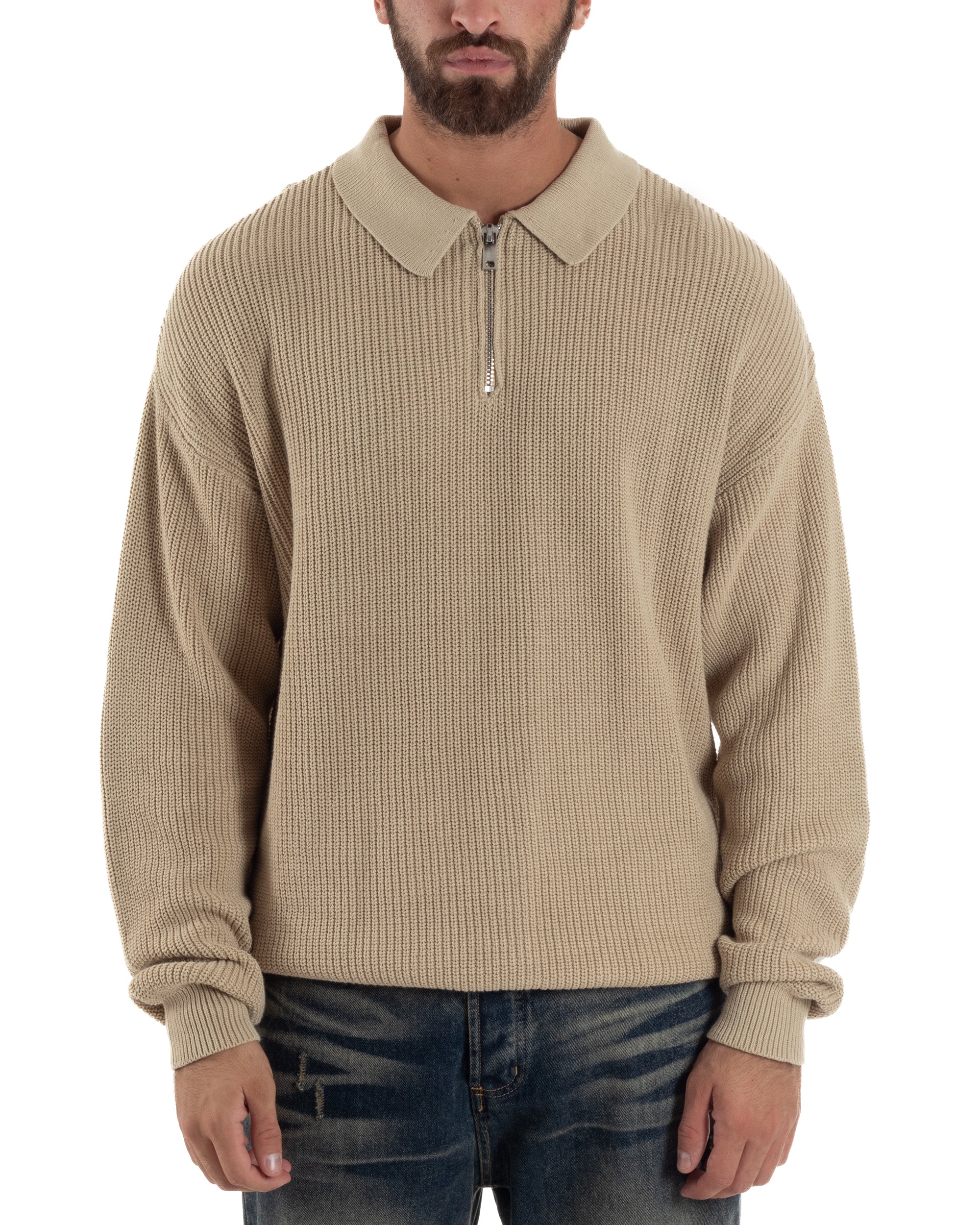 Maglione Uomo Polo Con Zip Maglia Inglese Con Colletto Beige M3022A
