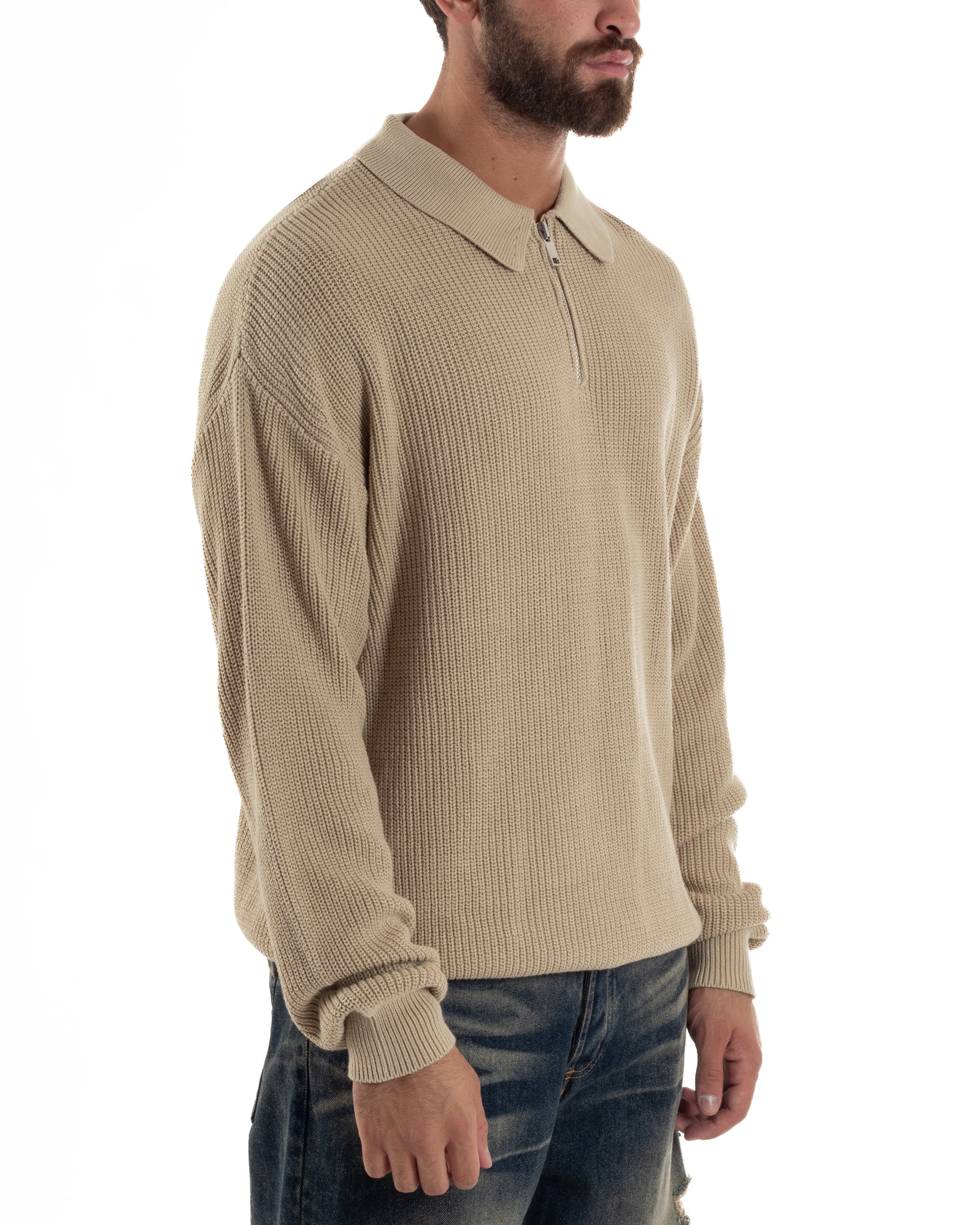Maglione Uomo Polo Con Zip Maglia Inglese Con Colletto Beige M3022A