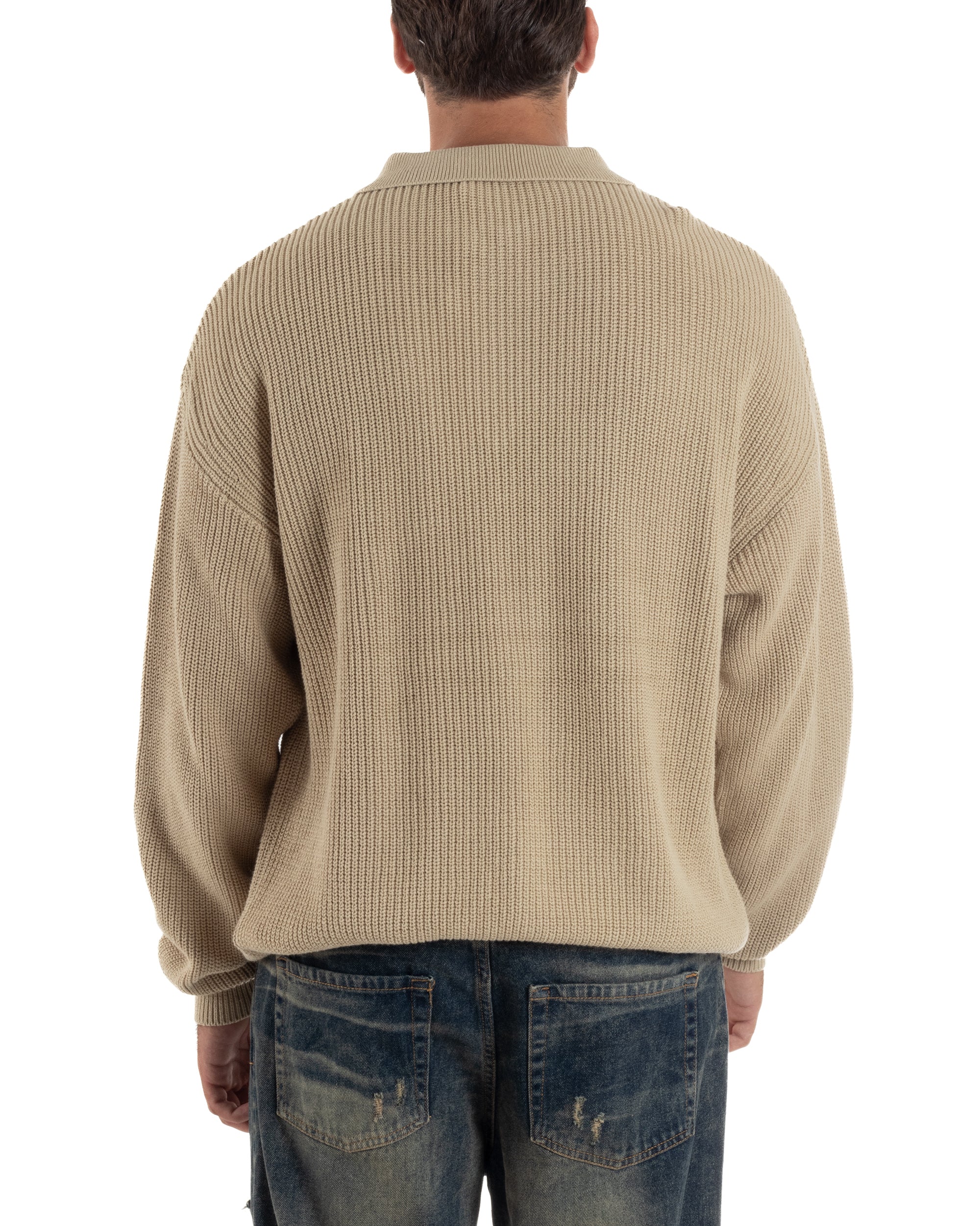 Maglione Uomo Polo Con Zip Maglia Inglese Con Colletto Beige M3022A