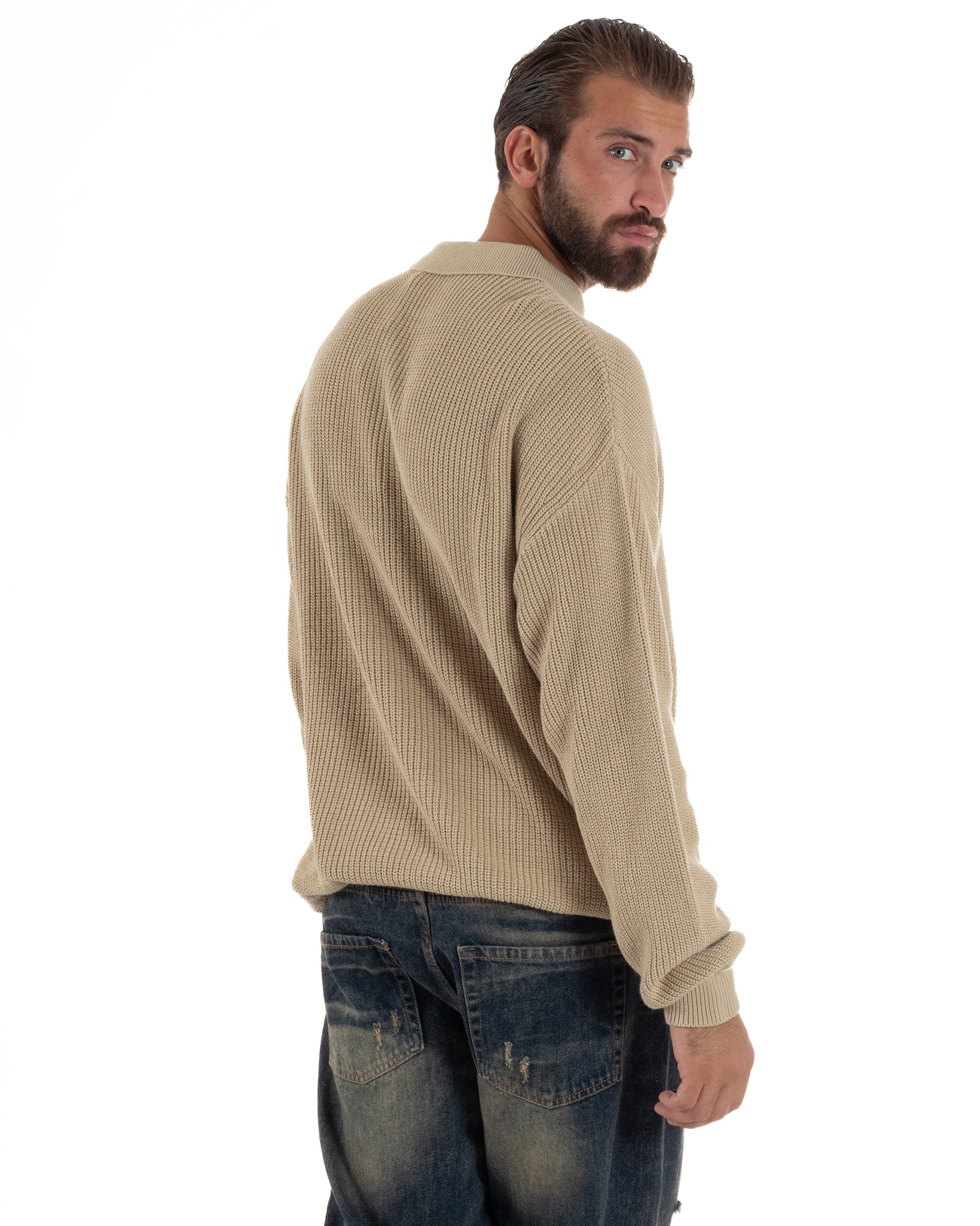Maglione Uomo Polo Con Zip Maglia Inglese Con Colletto Beige M3022A