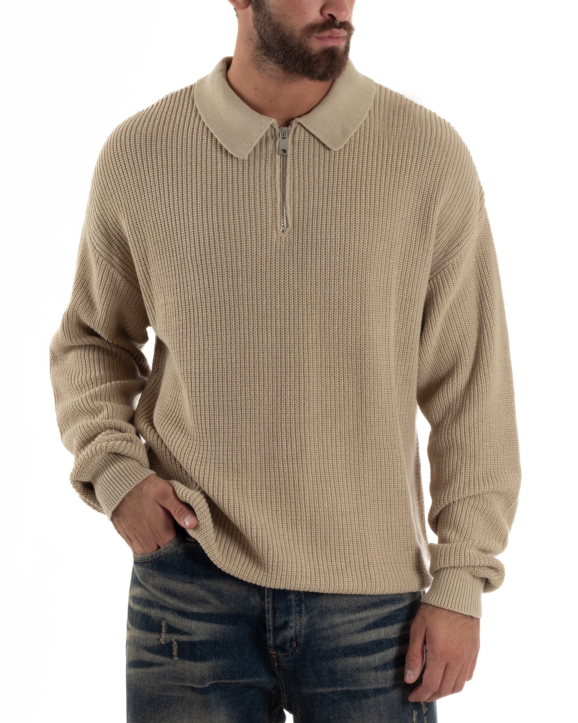 Maglione Uomo Polo Con Zip Maglia Inglese Con Colletto Beige M3022A