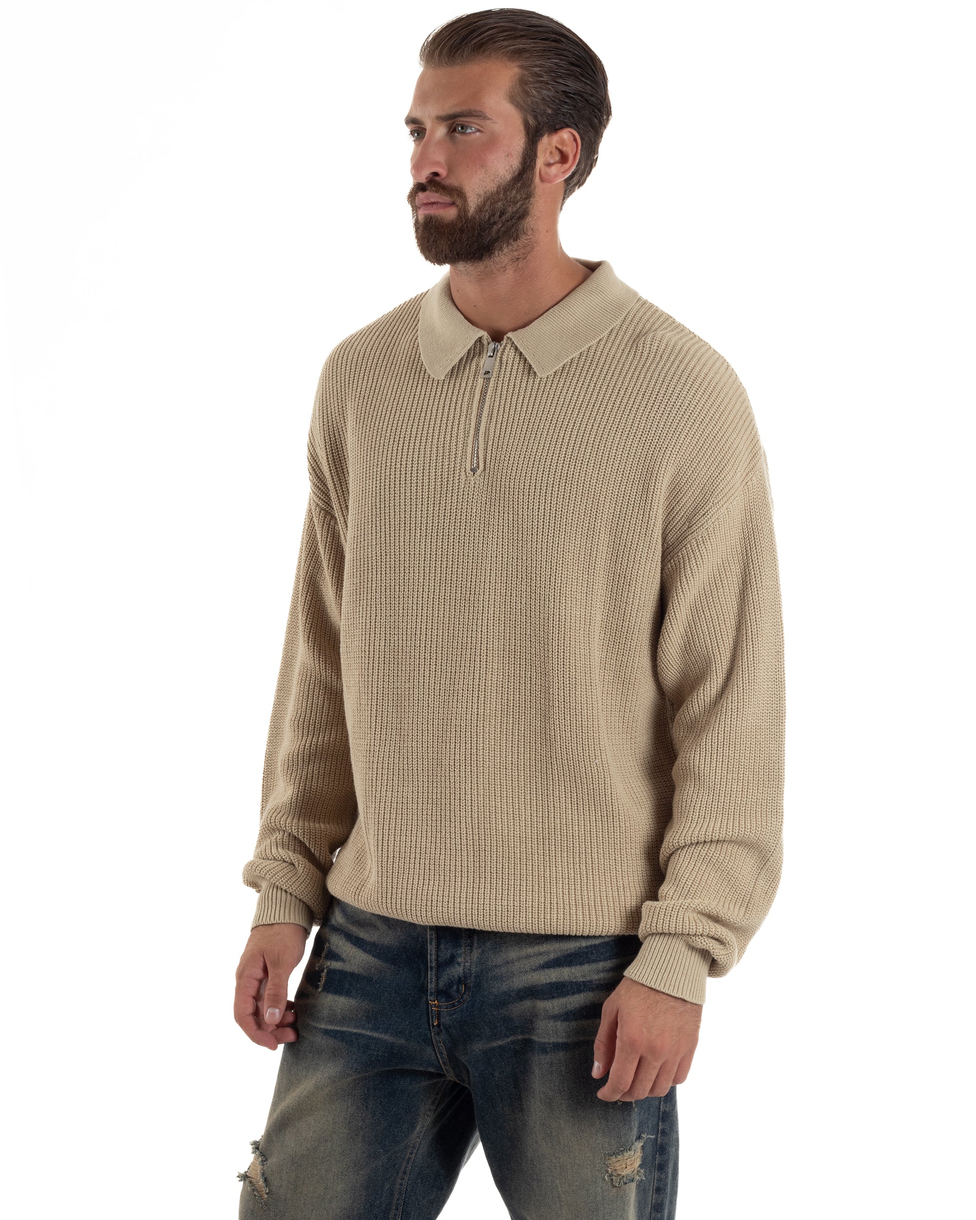 Maglione Uomo Polo Con Zip Maglia Inglese Con Colletto Beige M3022A
