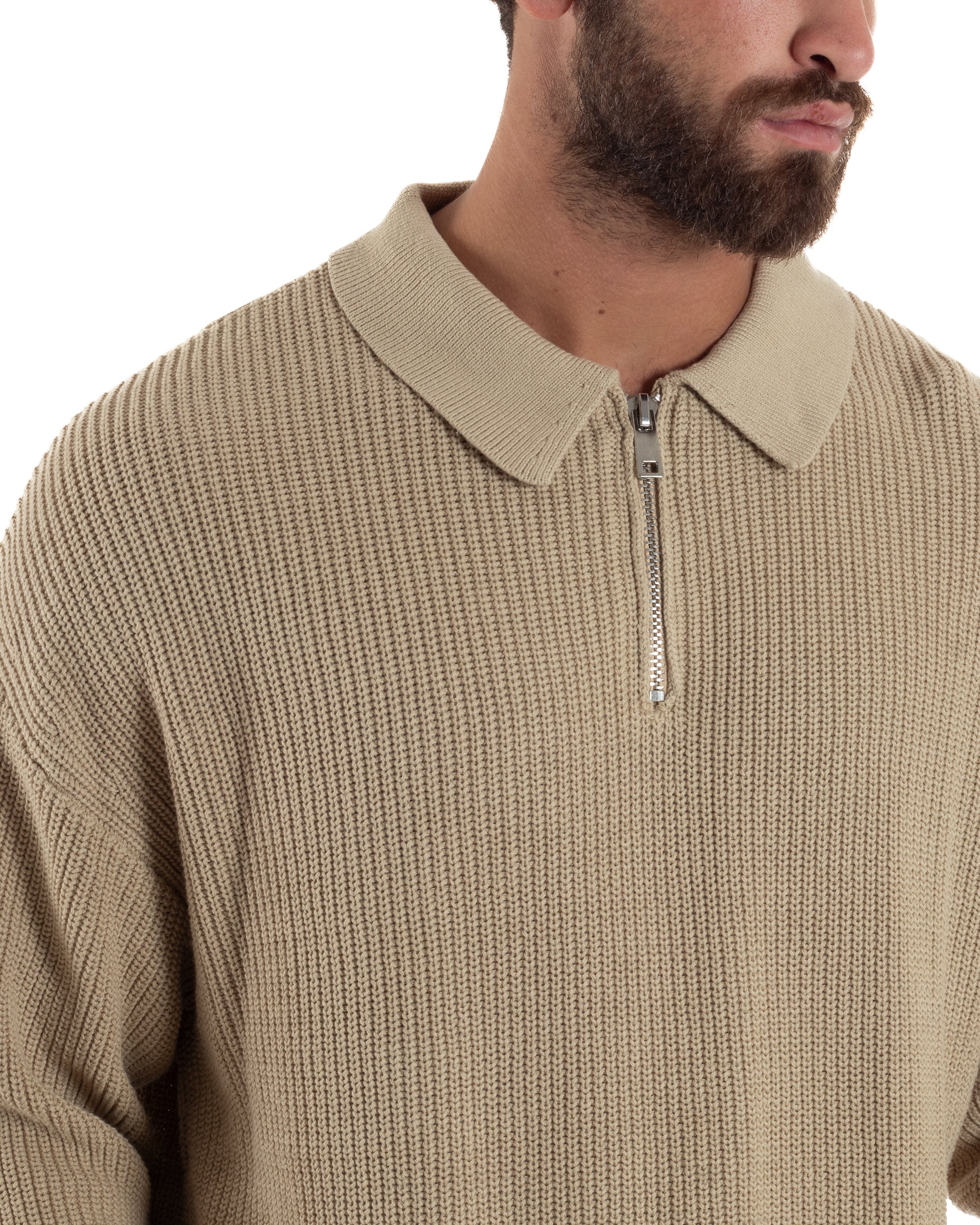 Maglione Uomo Polo Con Zip Maglia Inglese Con Colletto Beige M3022A