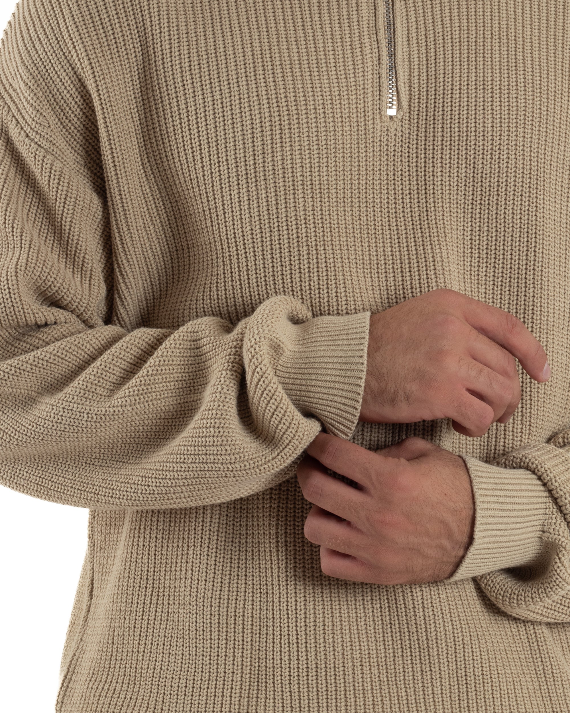 Maglione Uomo Polo Con Zip Maglia Inglese Con Colletto Beige M3022A