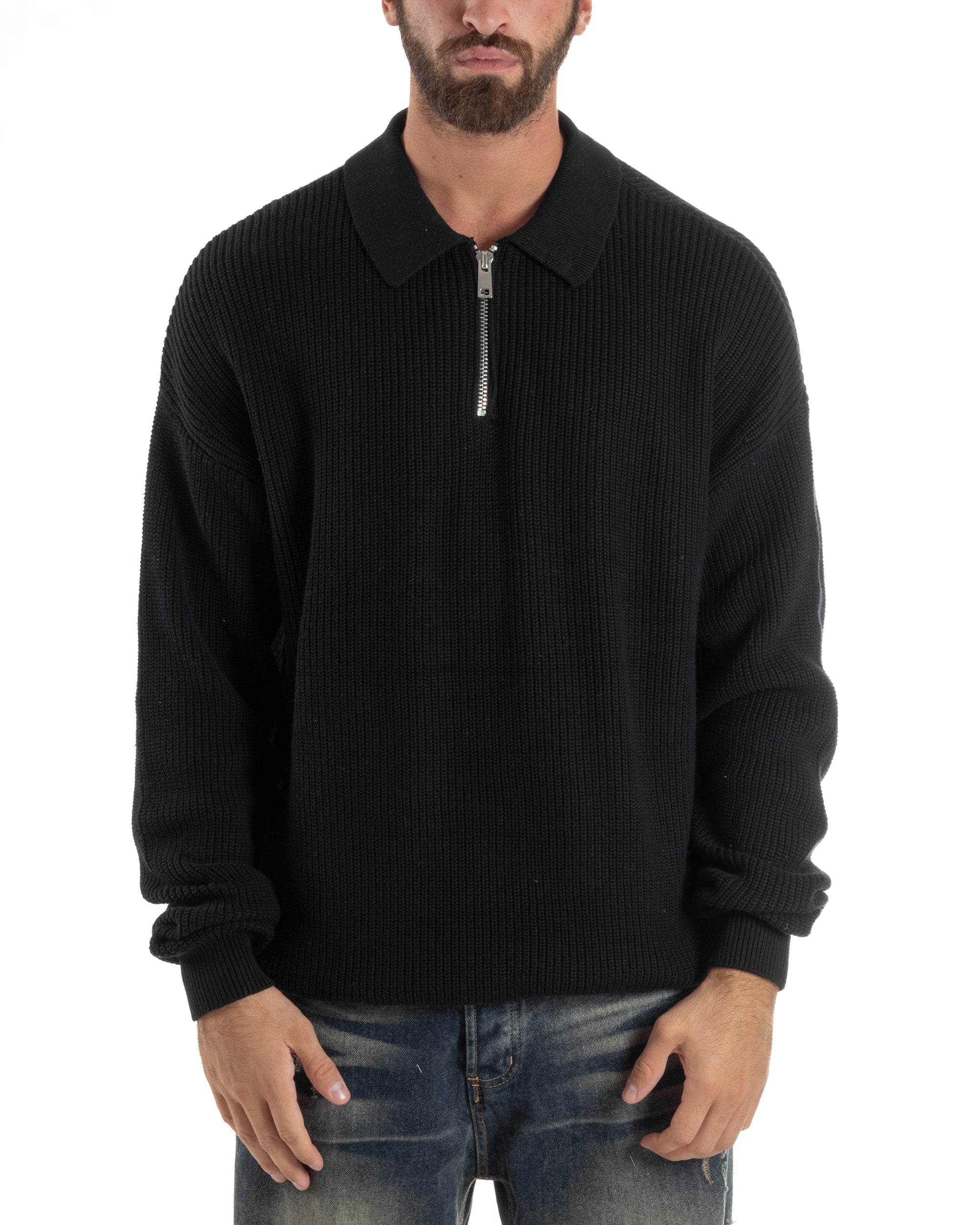Maglione Uomo Polo Con Zip Maglia Inglese Con Colletto Nero M3023A
