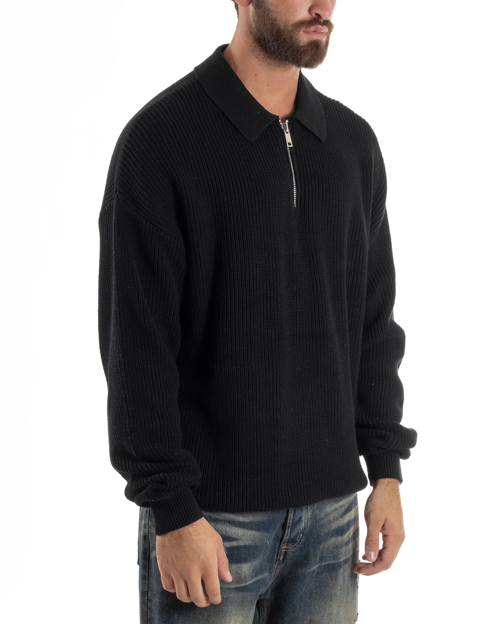 Maglione Uomo Polo Con Zip Maglia Inglese Con Colletto Nero M3023A