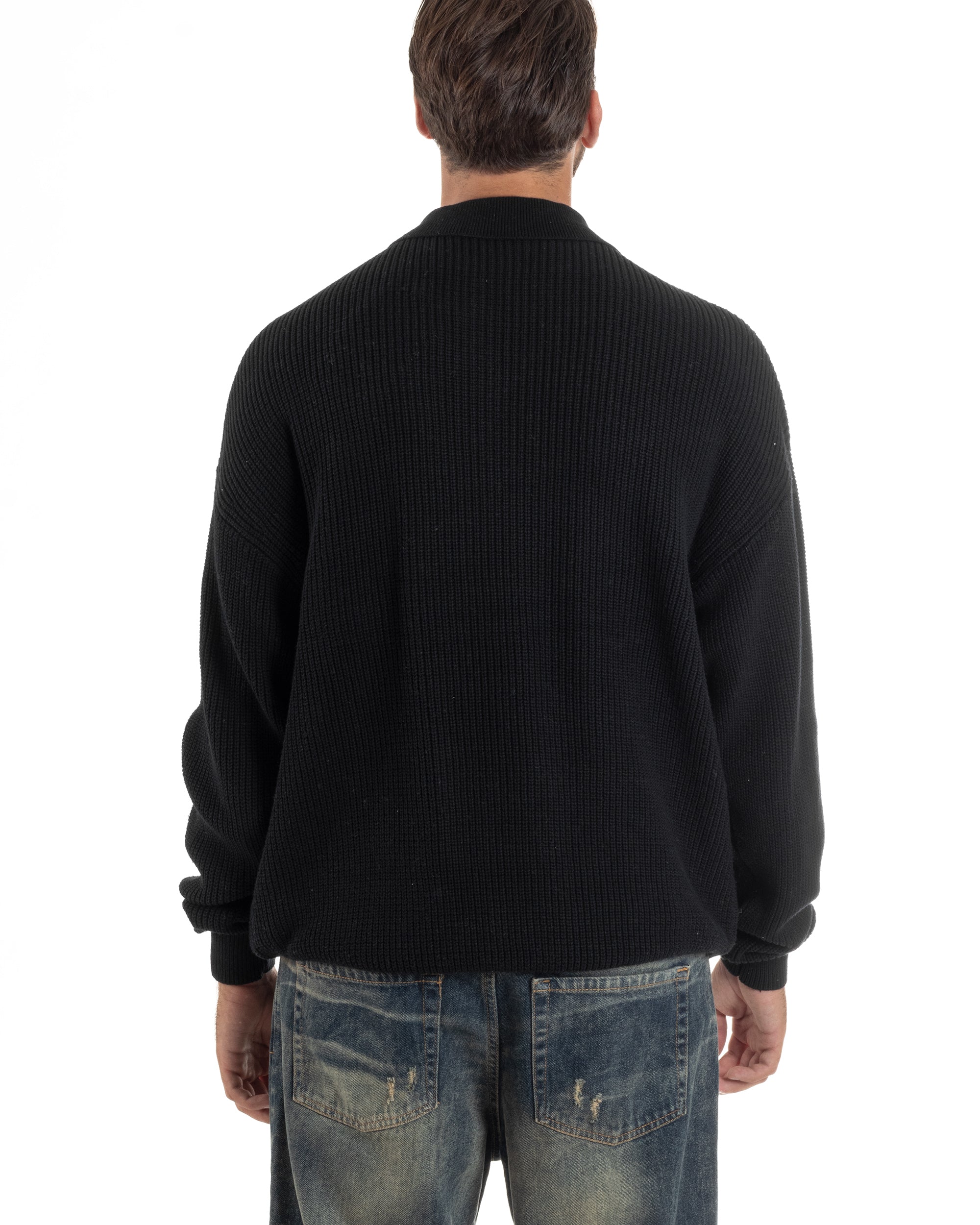 Maglione Uomo Polo Con Zip Maglia Inglese Con Colletto Nero M3023A