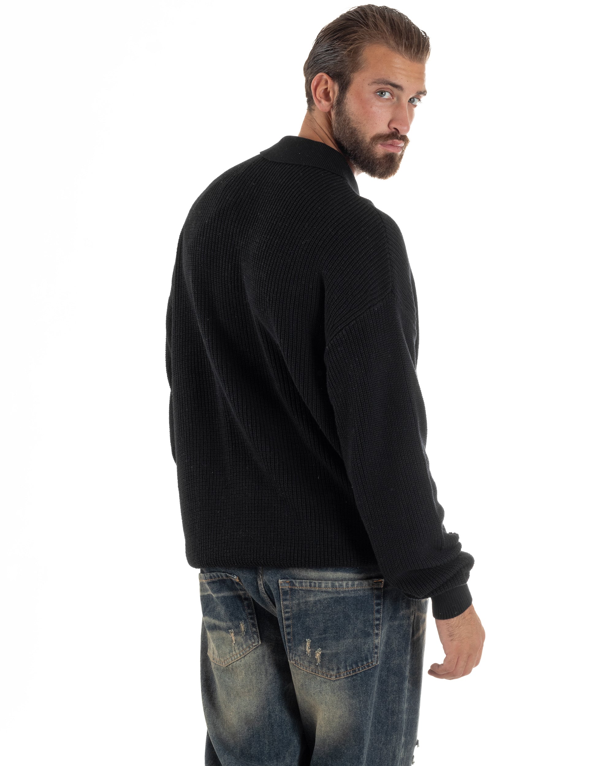 Maglione Uomo Polo Con Zip Maglia Inglese Con Colletto Nero M3023A