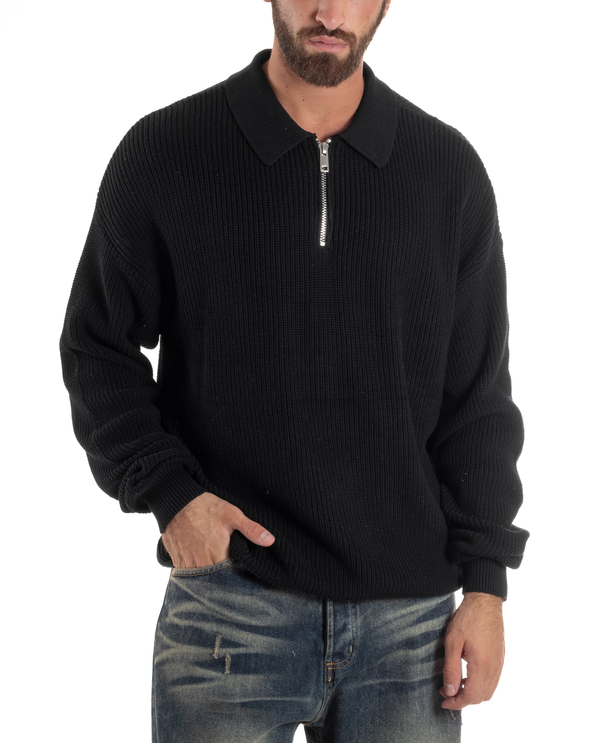 Maglione Uomo Polo Con Zip Maglia Inglese Con Colletto Nero M3023A