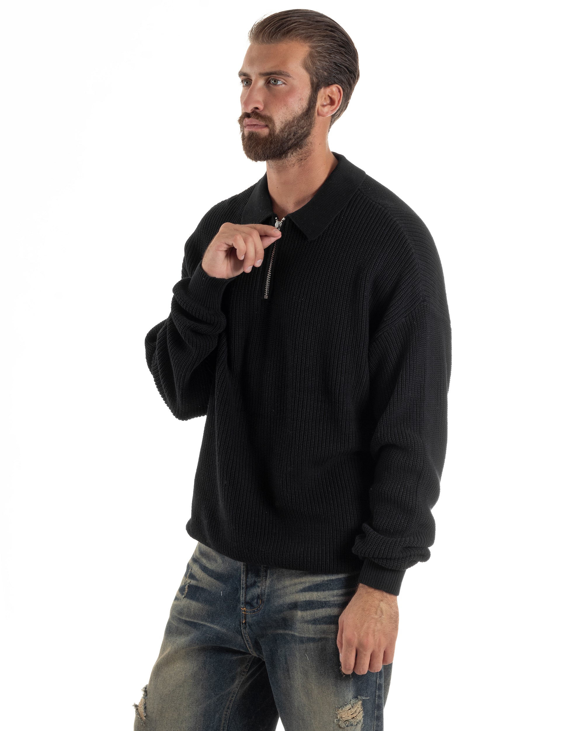 Maglione Uomo Polo Con Zip Maglia Inglese Con Colletto Nero M3023A