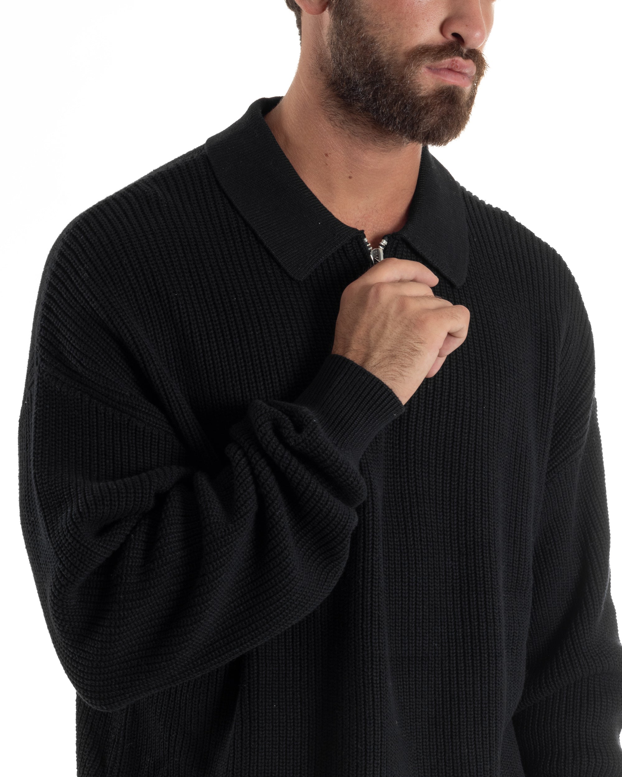Maglione Uomo Polo Con Zip Maglia Inglese Con Colletto Nero M3023A