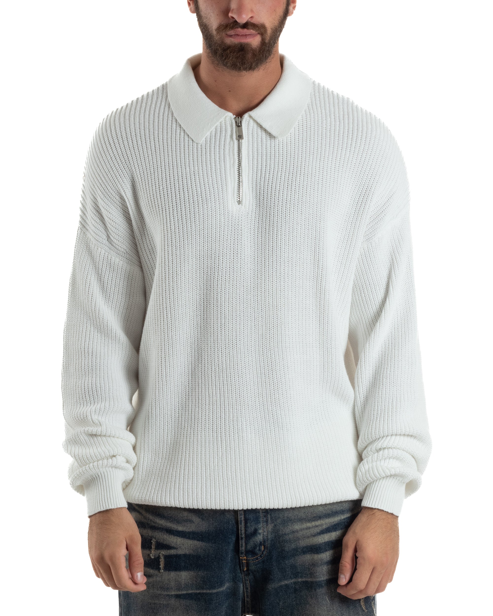 Maglione Uomo Polo Con Zip Maglia Inglese Con Colletto Bianco M3024A