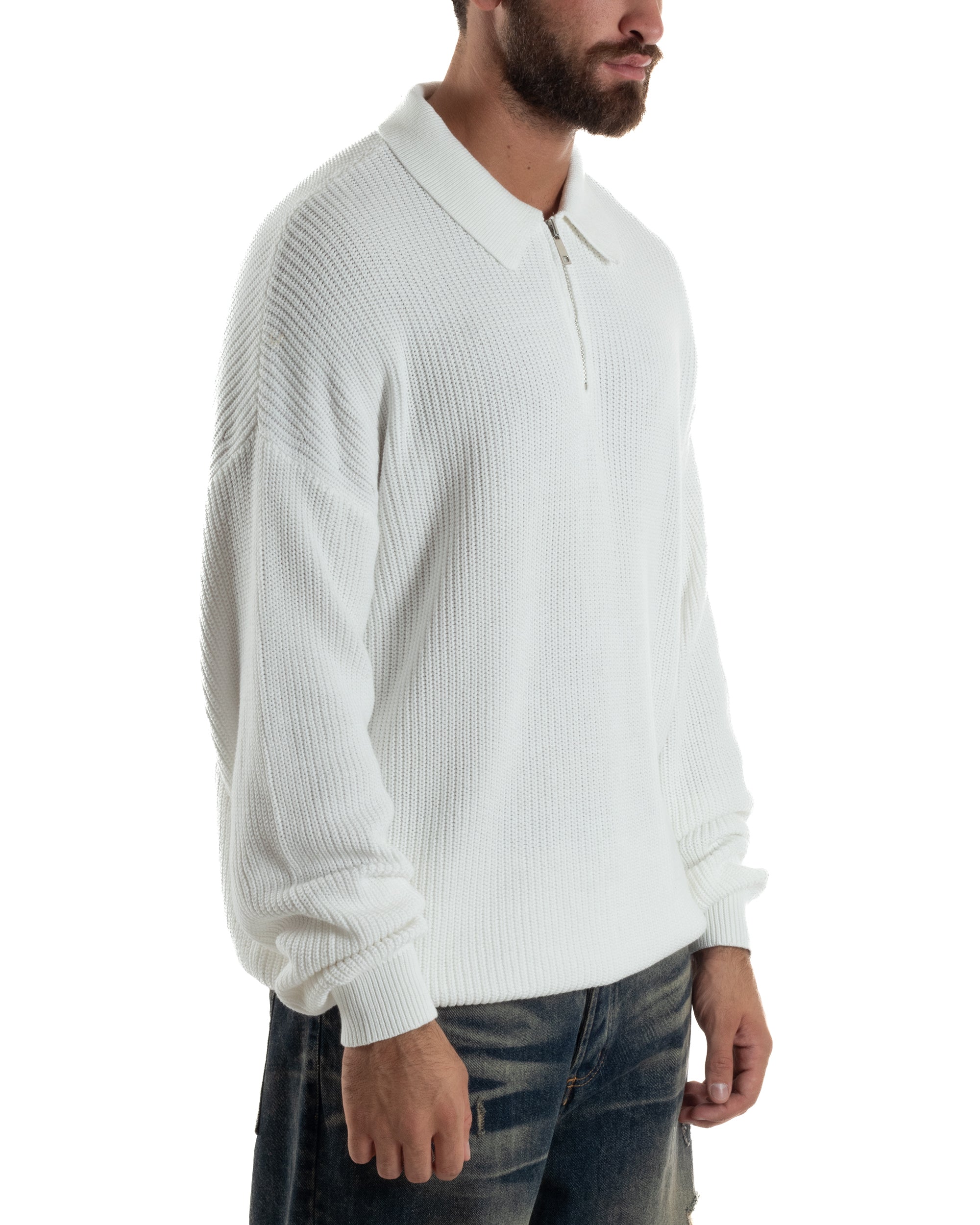 Maglione Uomo Polo Con Zip Maglia Inglese Con Colletto Bianco M3024A