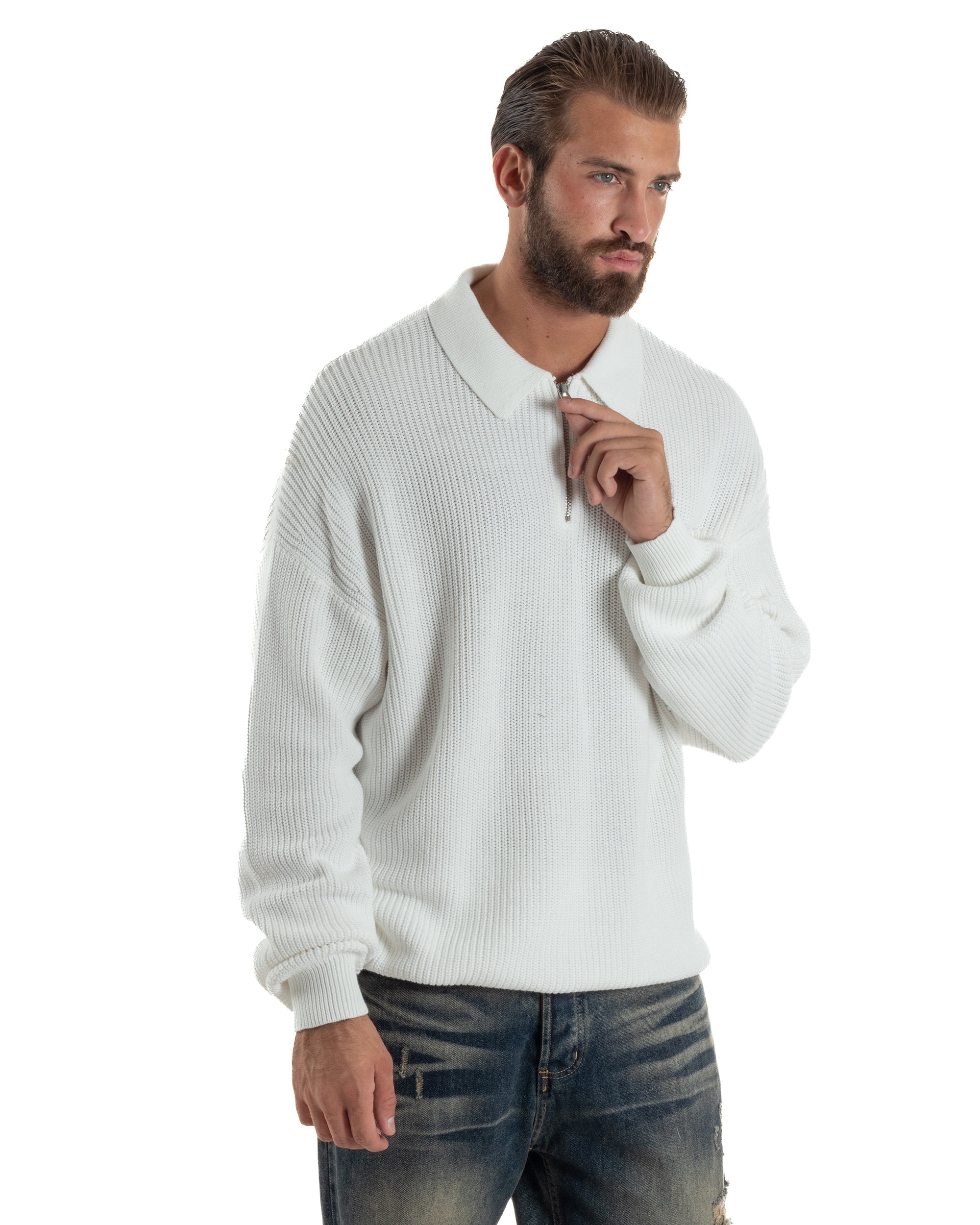 Maglione Uomo Polo Con Zip Maglia Inglese Con Colletto Bianco M3024A
