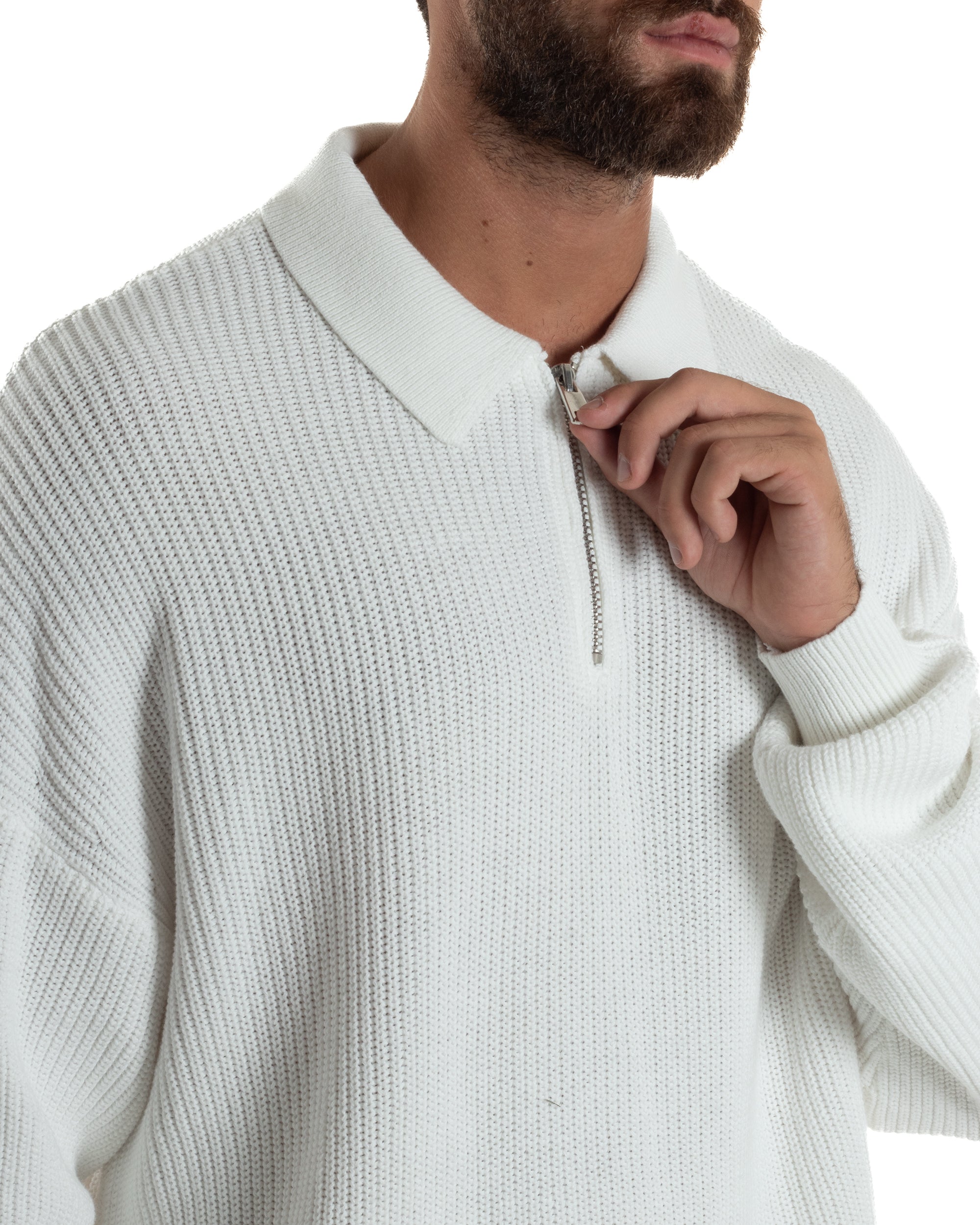 Maglione Uomo Polo Con Zip Maglia Inglese Con Colletto Bianco M3024A