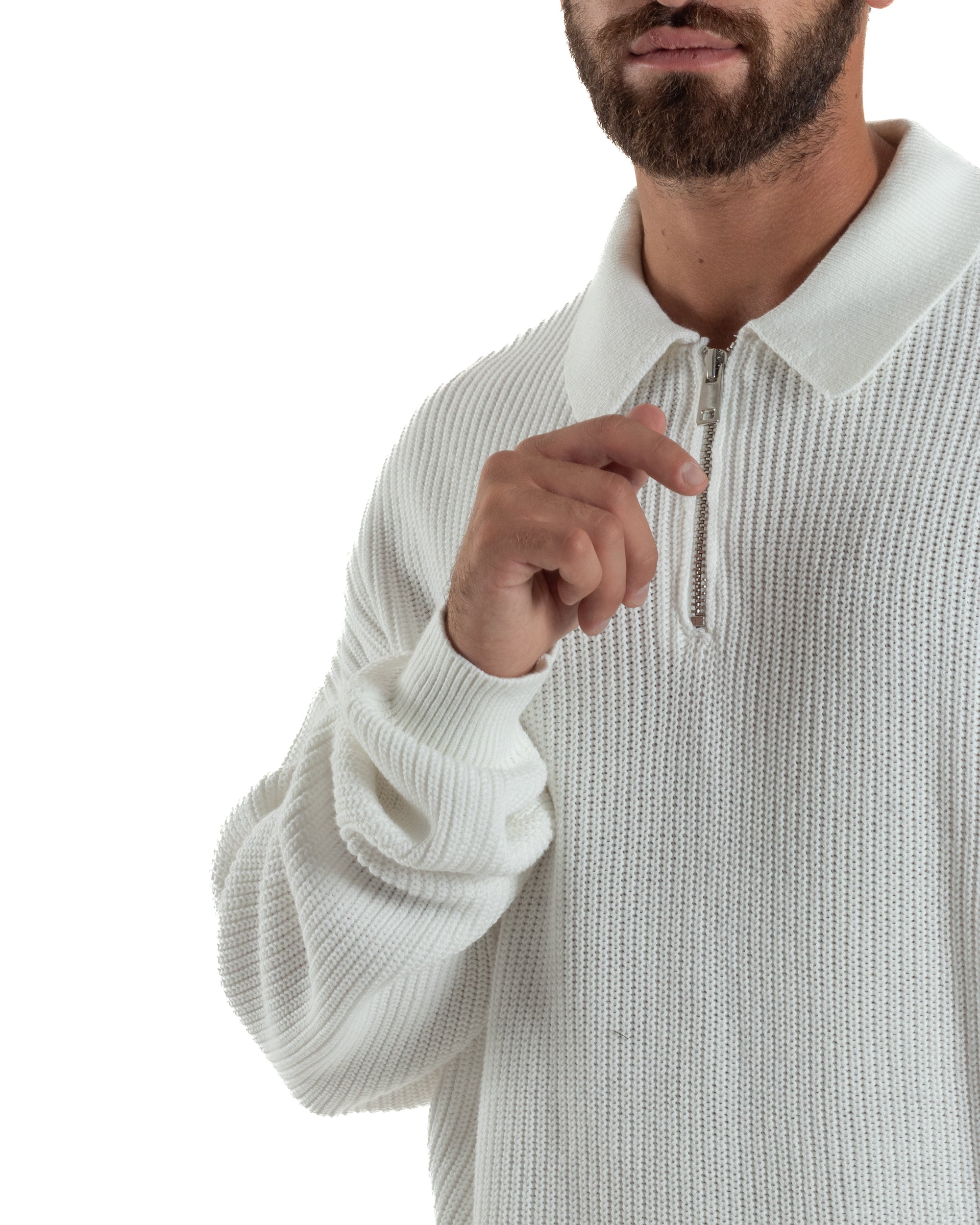 Maglione Uomo Polo Con Zip Maglia Inglese Con Colletto Bianco M3024A