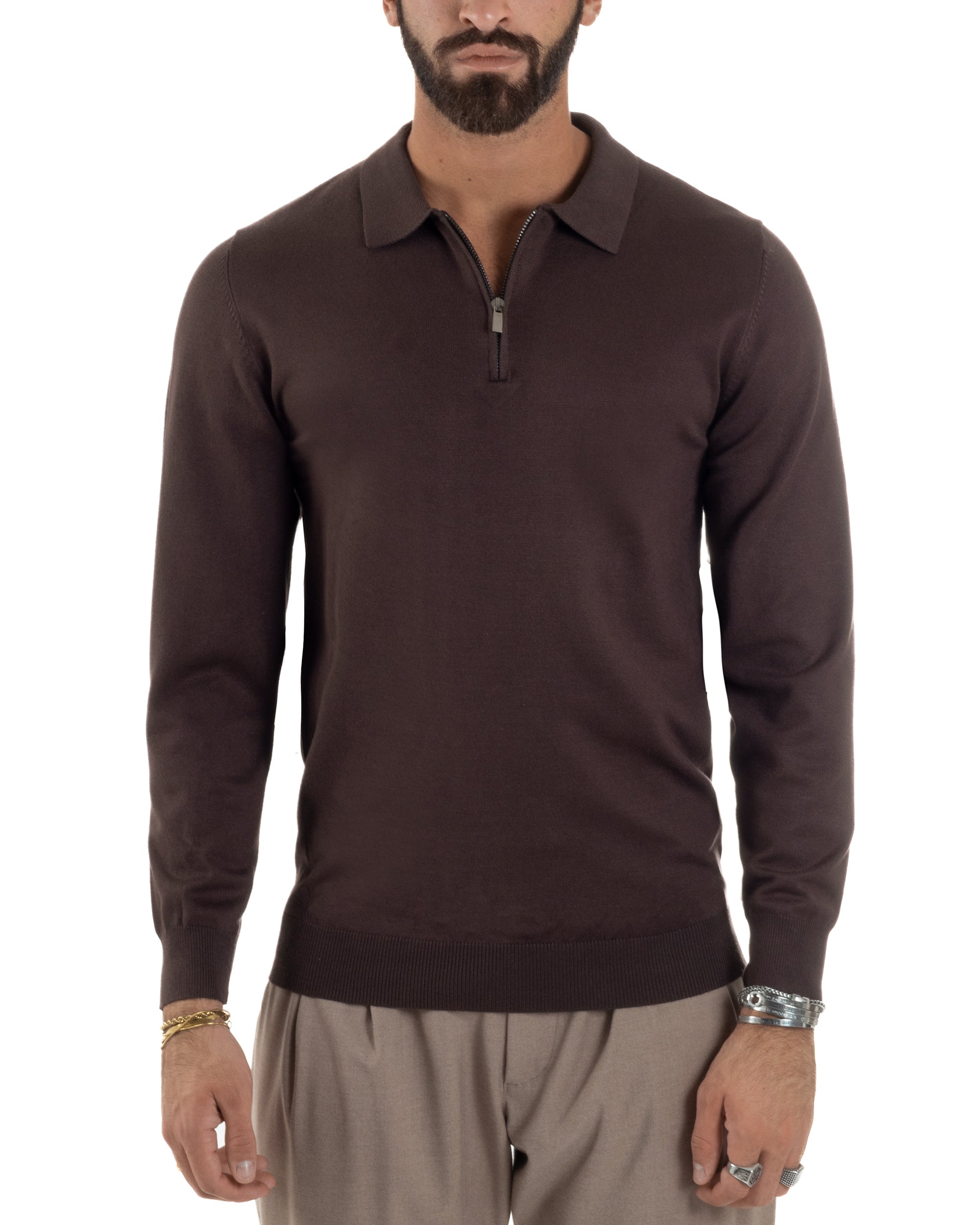 Maglia Colletto Polo Con Zip Basic Marrone M3028A